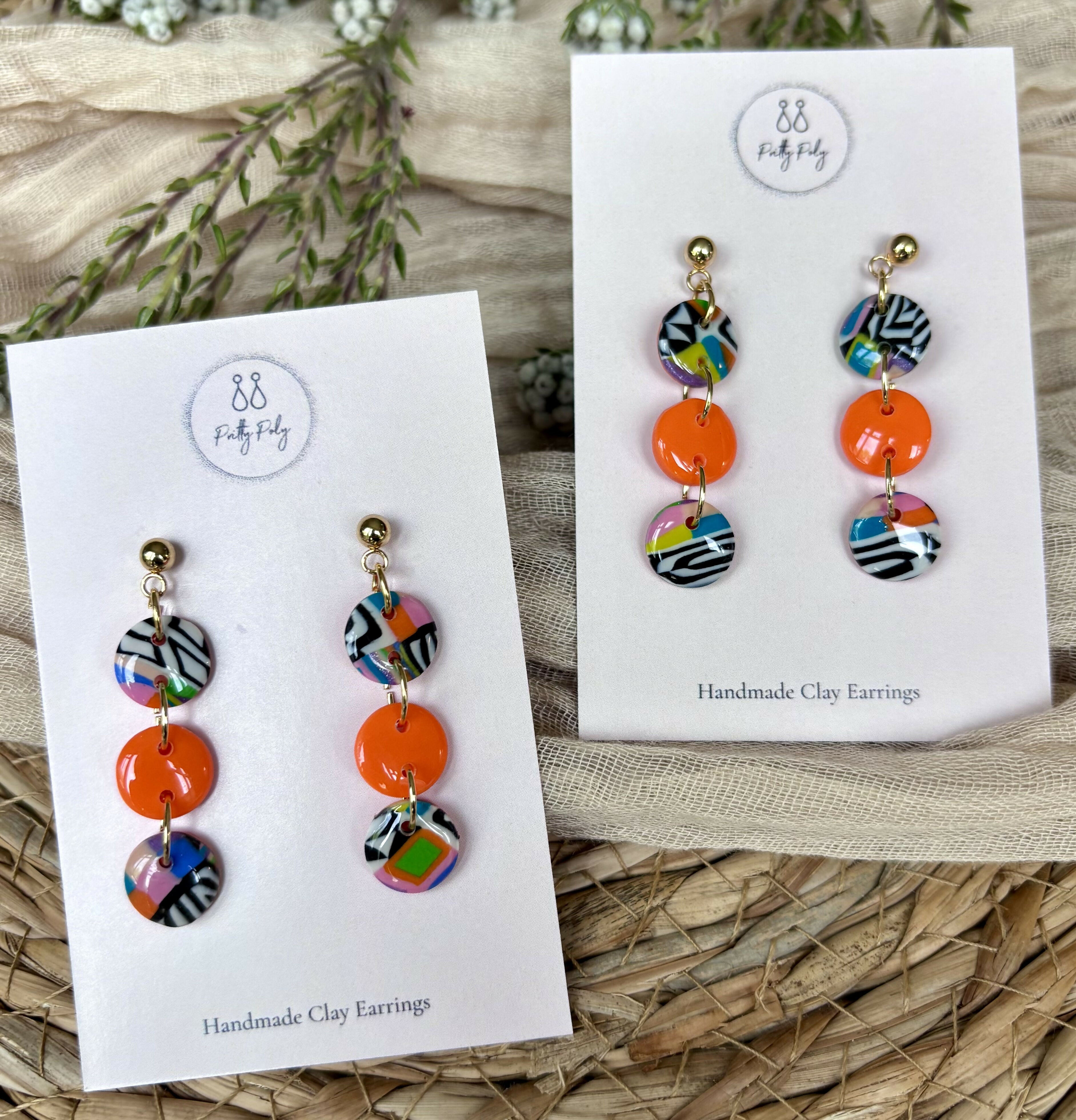 Funky Pattern Collection - Triple Dangle Polymer Clay Earrings