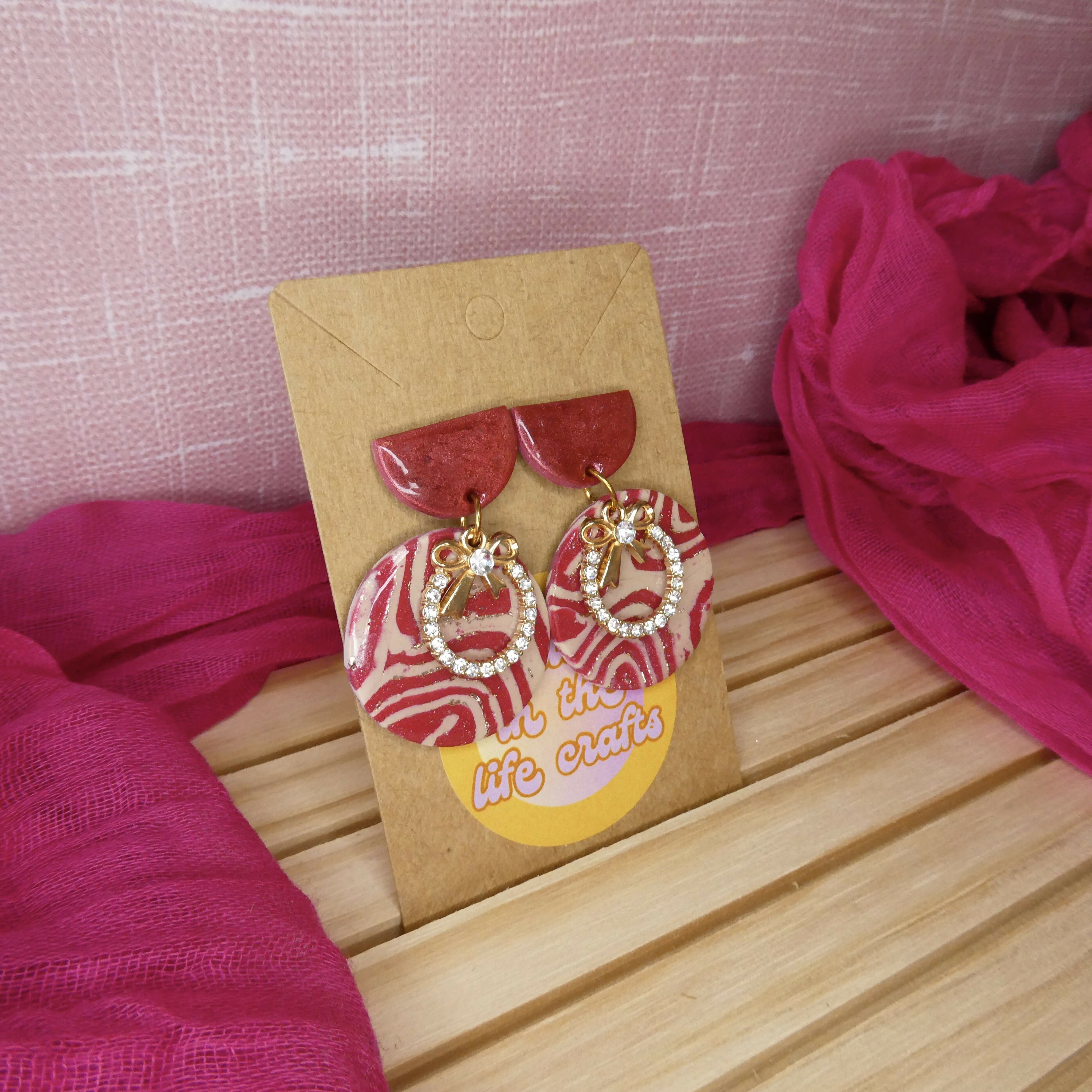 Red And Beige Polymer Clay Earrings With Jewelled Wreath Charm