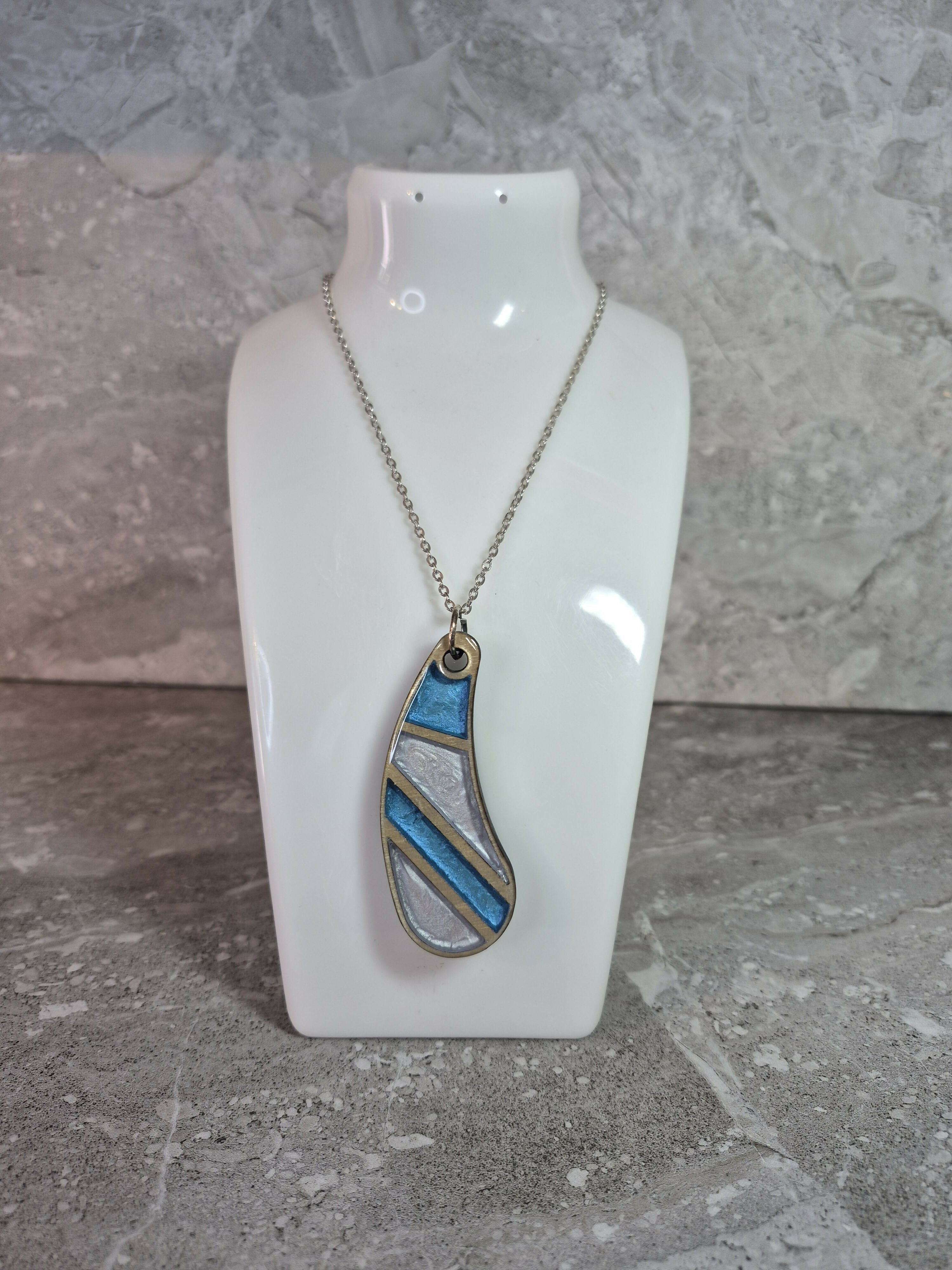 Unique Hand Crafted, Tear Drop, Wooden Cyan and Light Metallic Blue