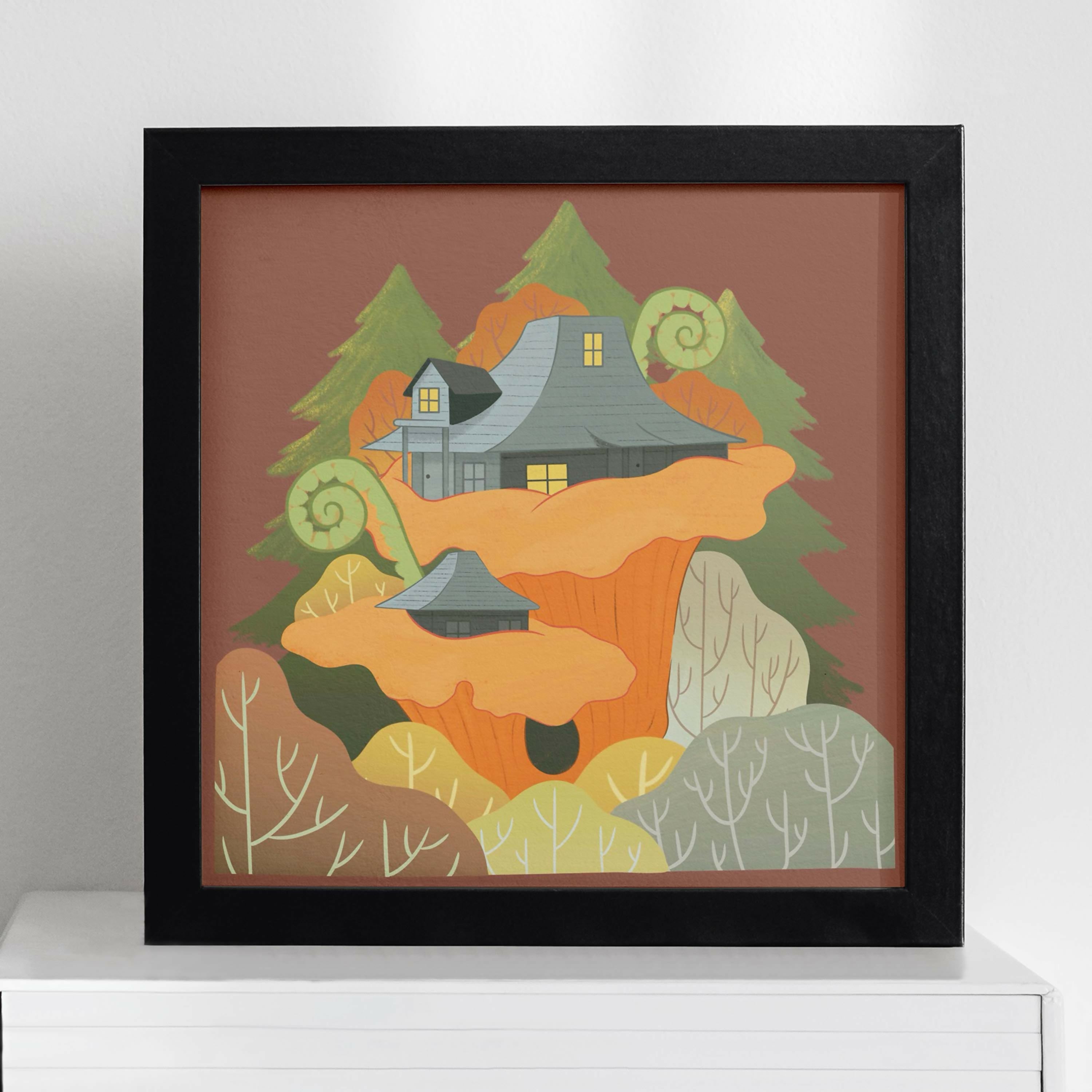 Square Illustrated Print - Fantasy Chanterelle Mushroom Home
