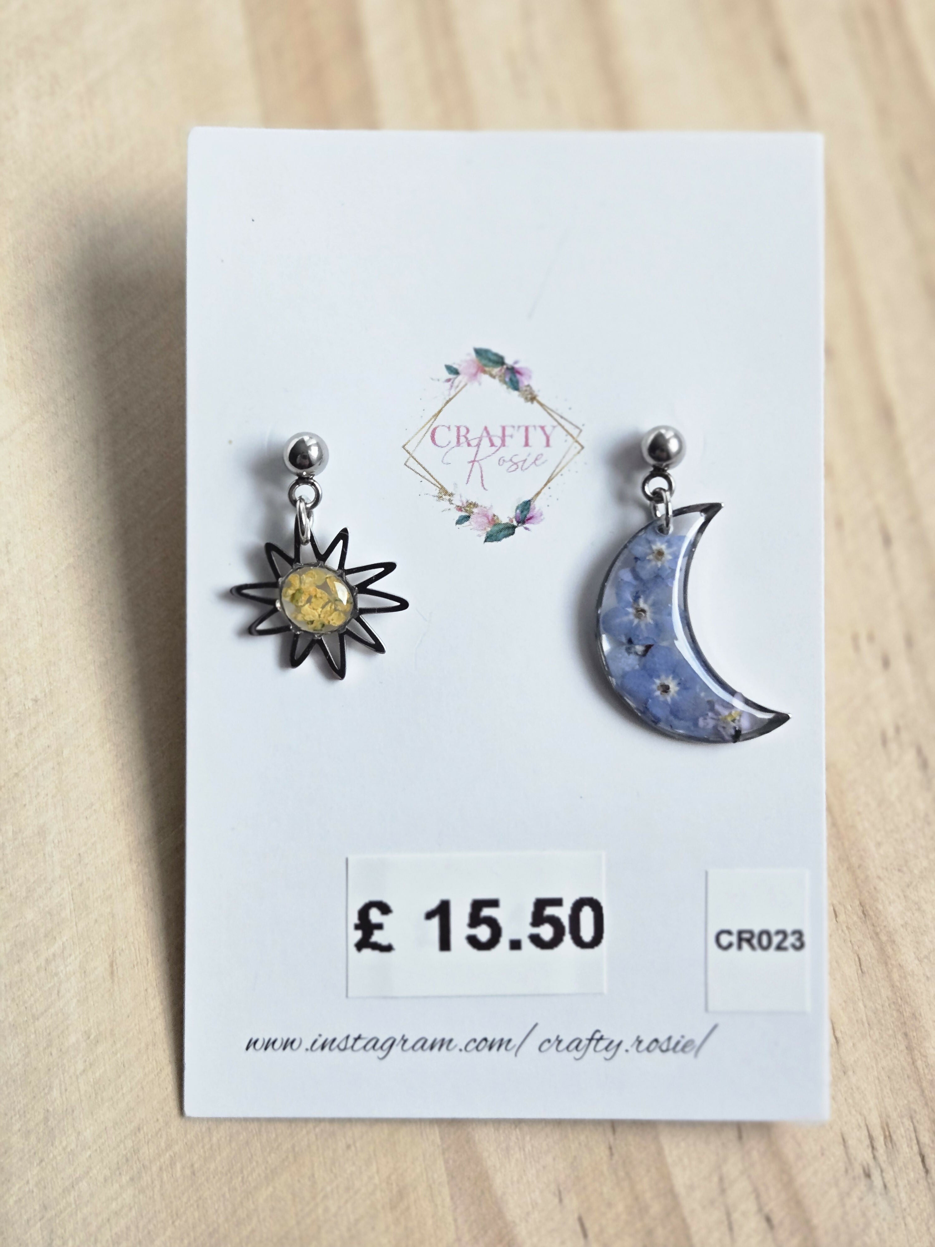 Stainless Steel Sun and Moon with Real Flowers Dangle Earrings
