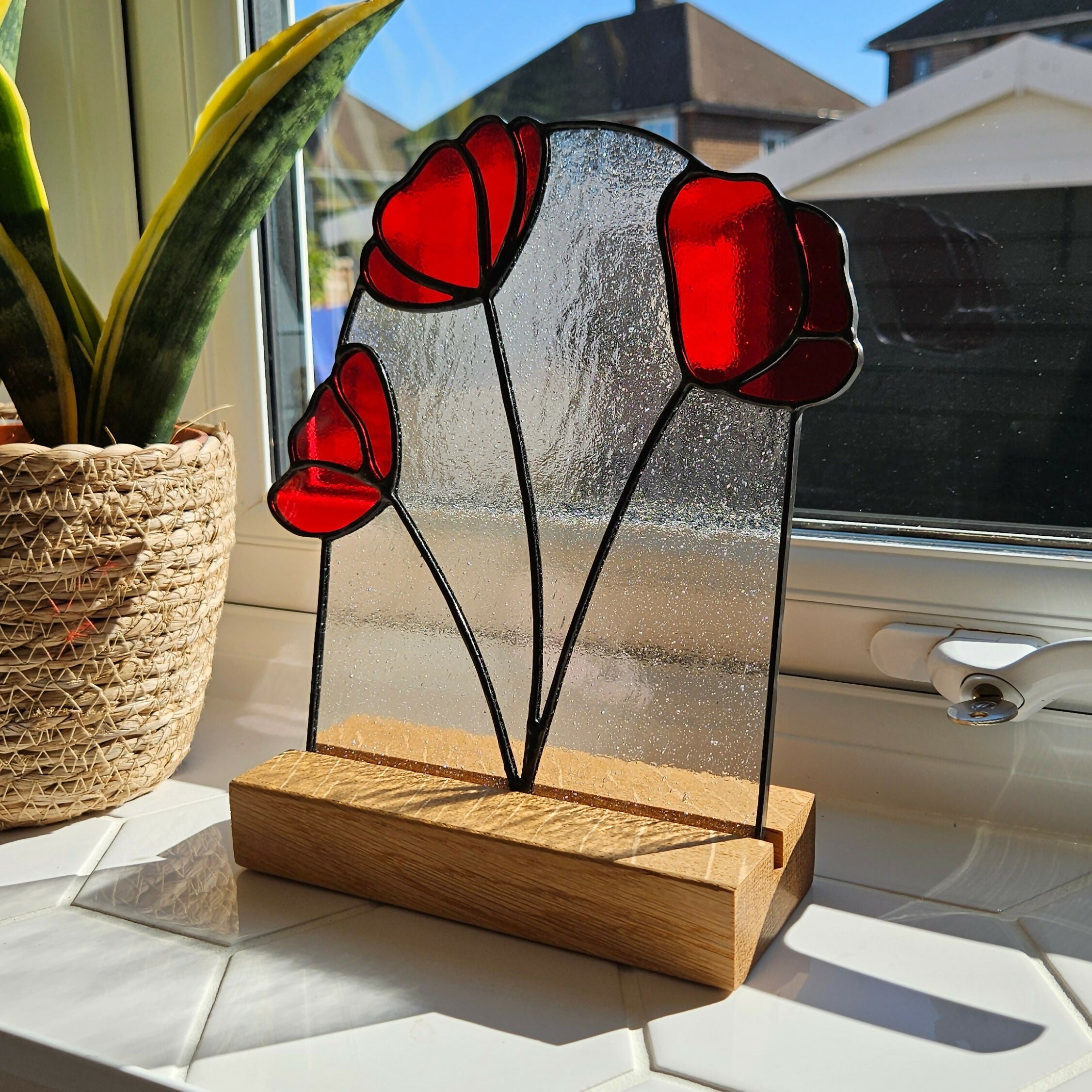 Red Poppy Stained Glass Panel with Solid Oak Stand