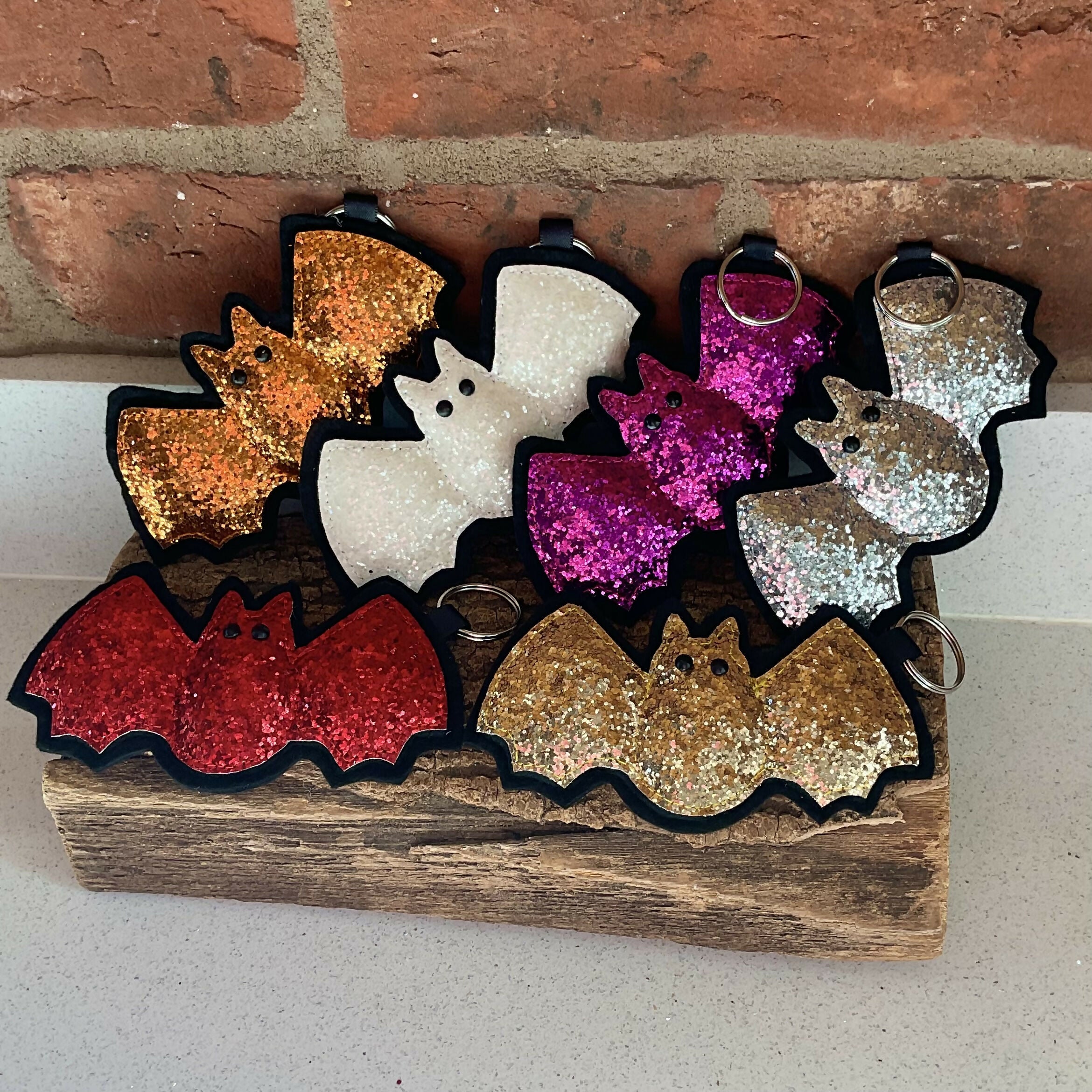 Sparkly Bat Keyring Handmade Halloween Key Ring in Bright Glitter Fabric or Bag Charm