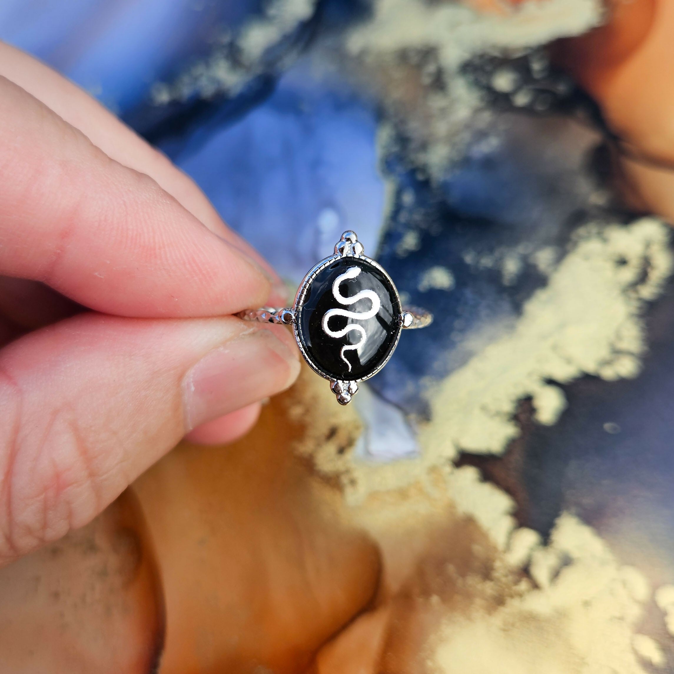 Handmade Black Snakes Resin And Stainless Steel Adjustable Ring
