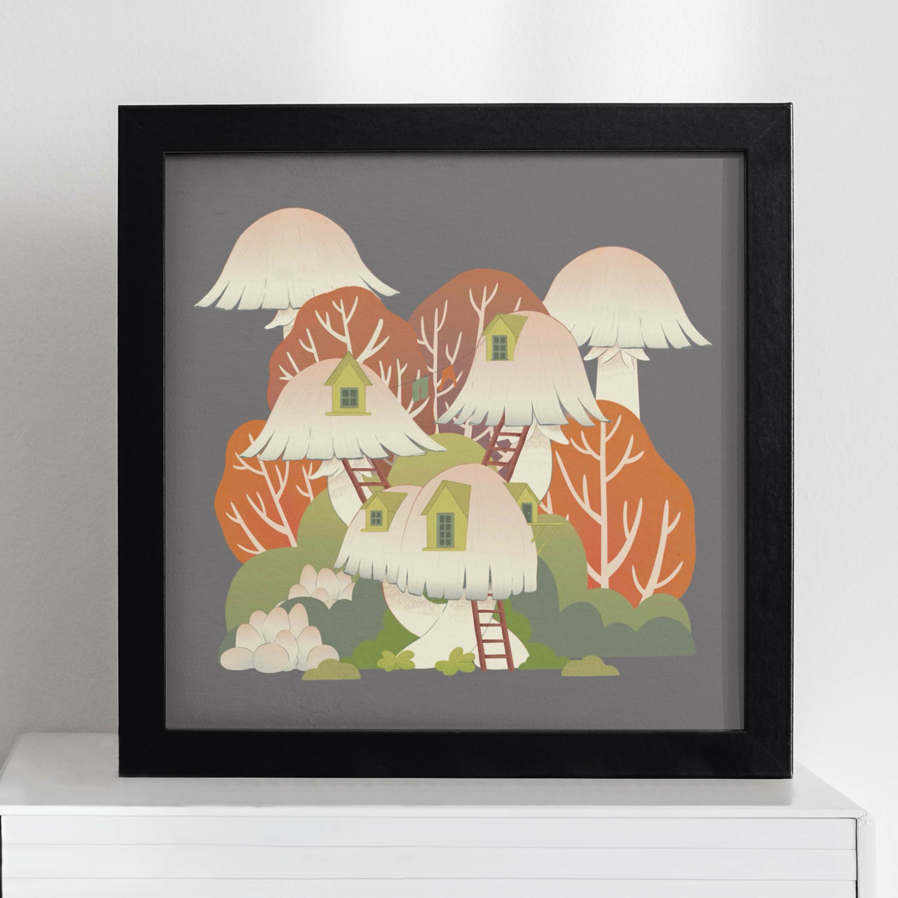 Square Illustrated Print - Fantasy Shaggy Inkcap Mushroom House