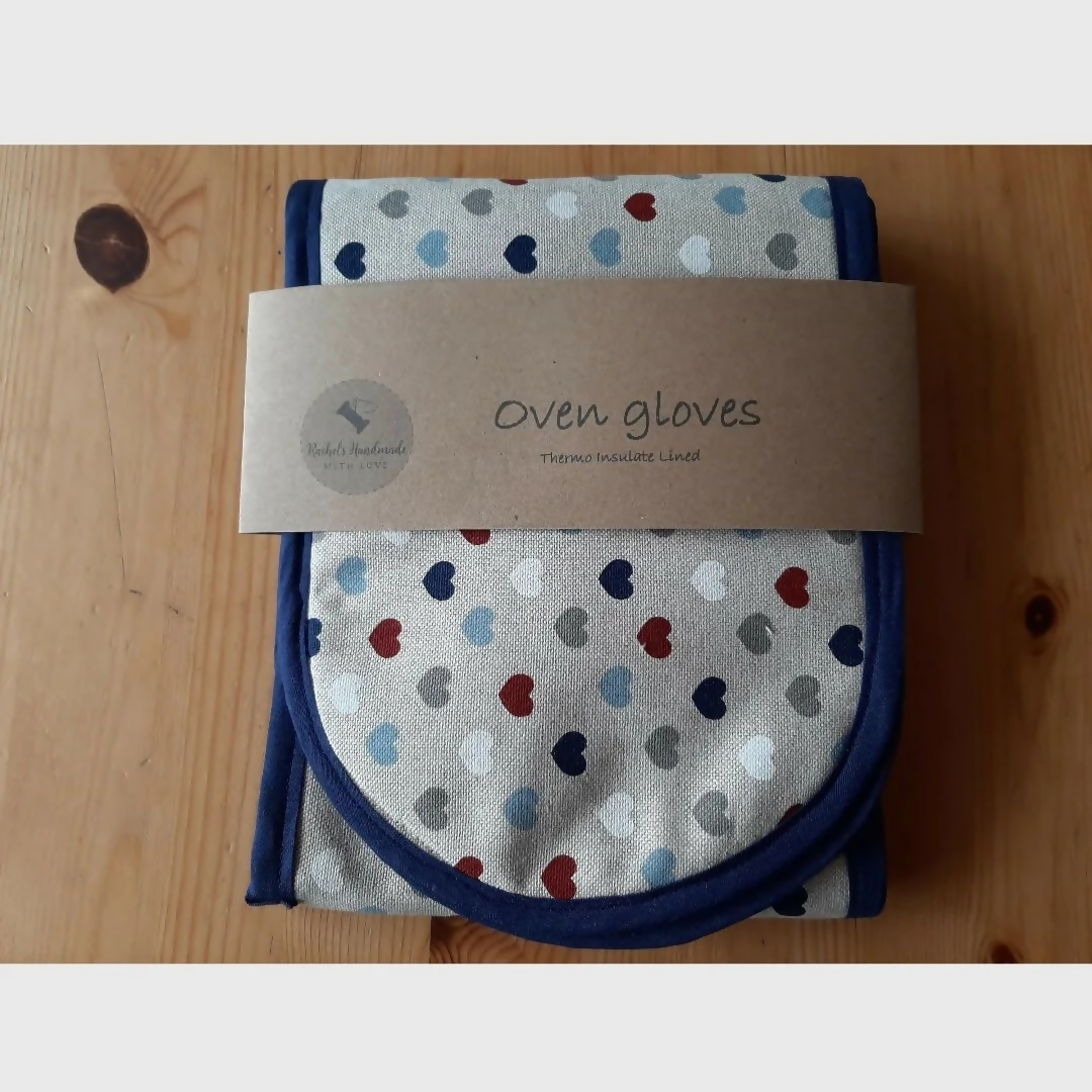 Nautical Heart Print Oven Gloves, Lined with Thermo Insulate, Handmade in North Yorkshire