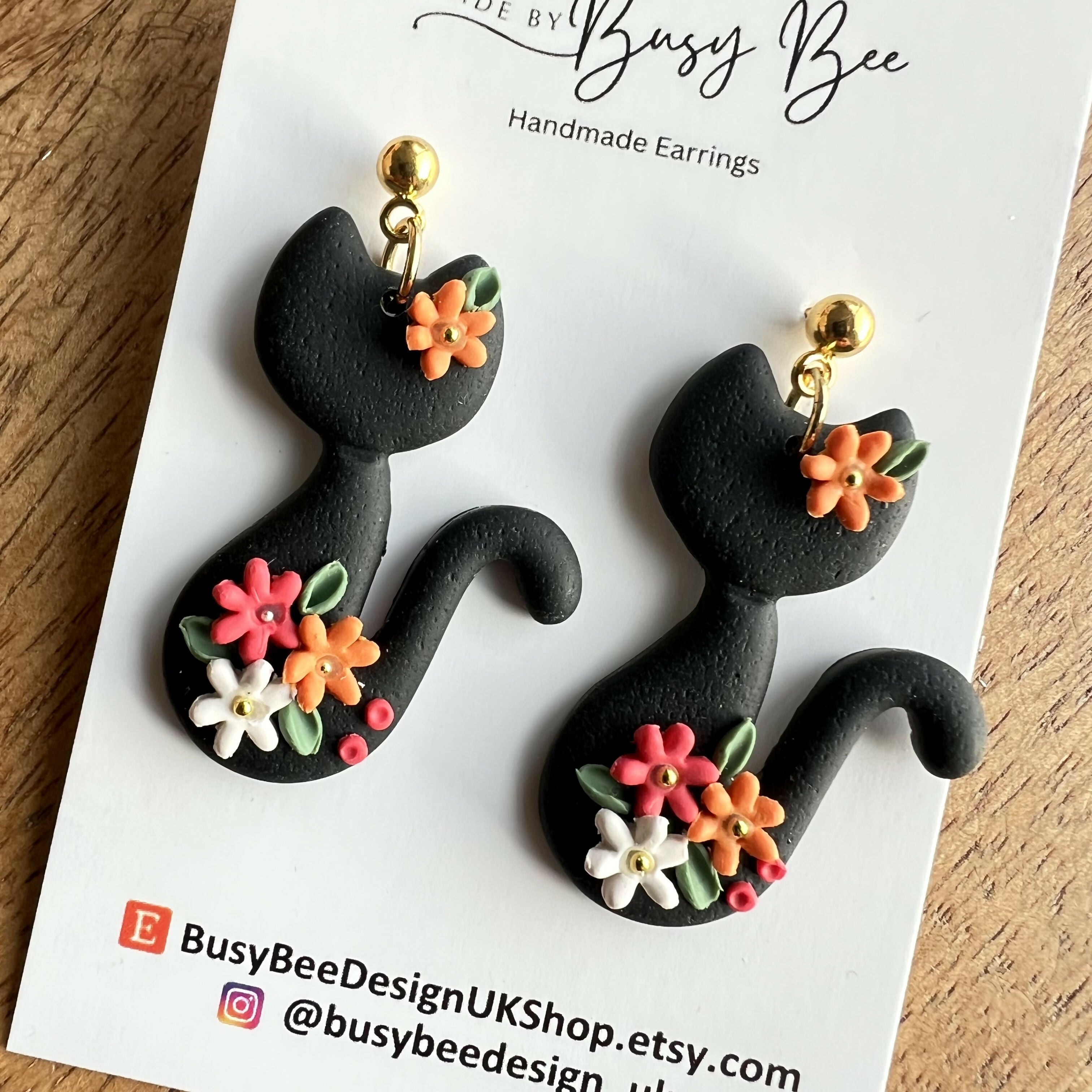 Polymer Clay Floral Cats Earrings / Handmade Cute Animal Dangles