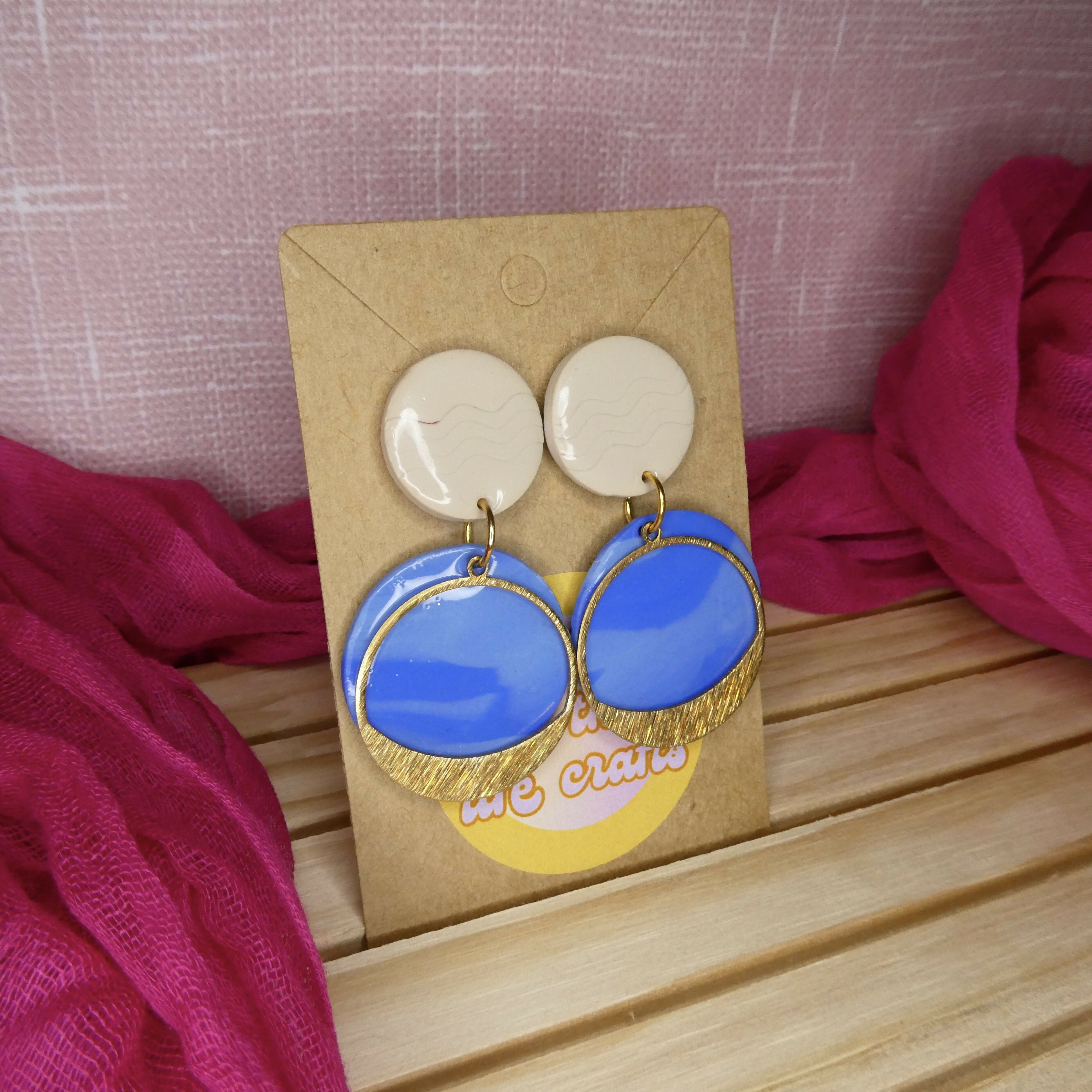 Blue And Cream Beachy Polymer Clay Earrings With A Gold Accent