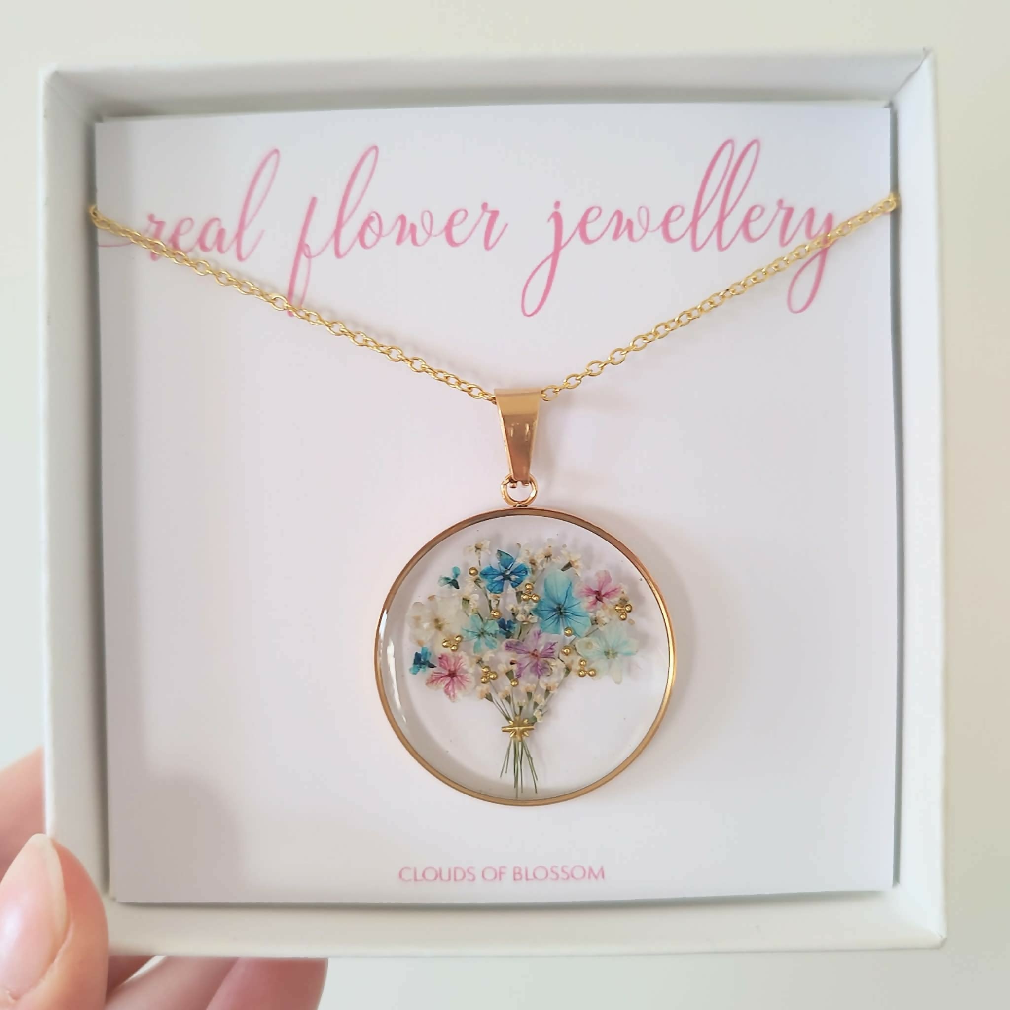 Pressed Flower Purple and Blue Bouquet Circle Necklace Gold Plated Stainless Steel