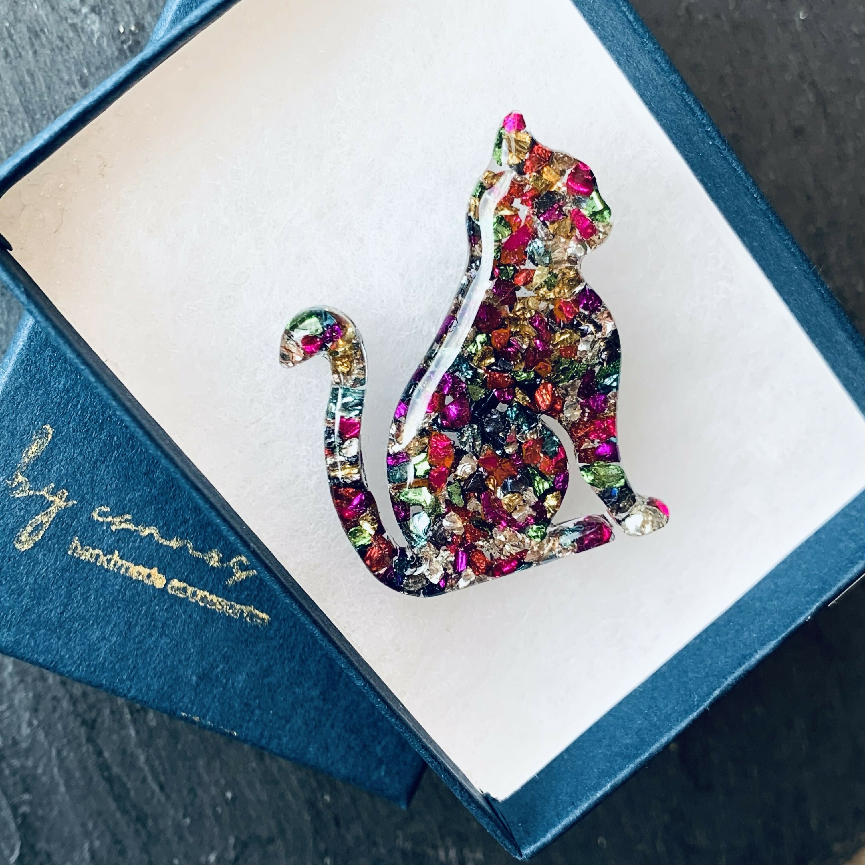 Hand Cast Mosaic Resin Cat Brooch