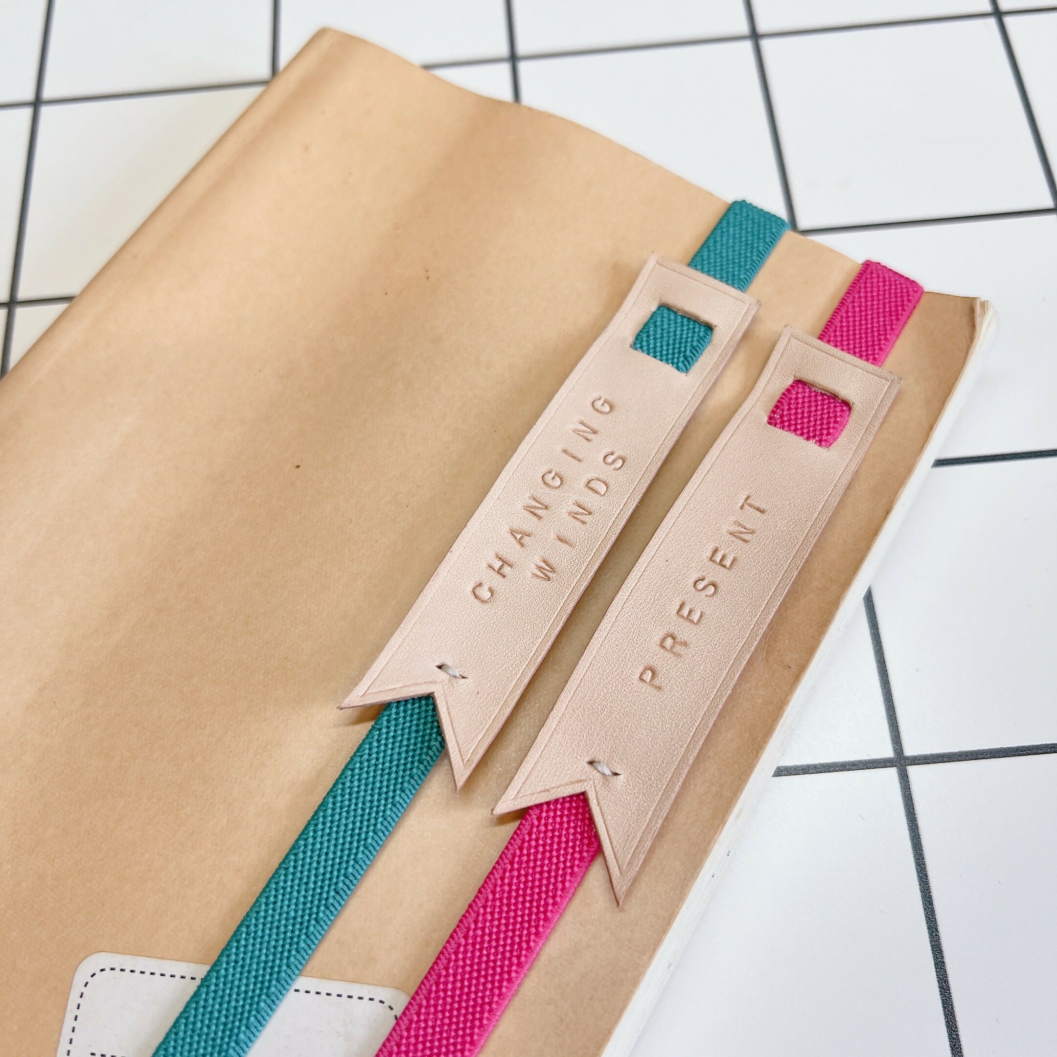 Rubber Strap Leather Elastic Bookmark - BE HAPPY