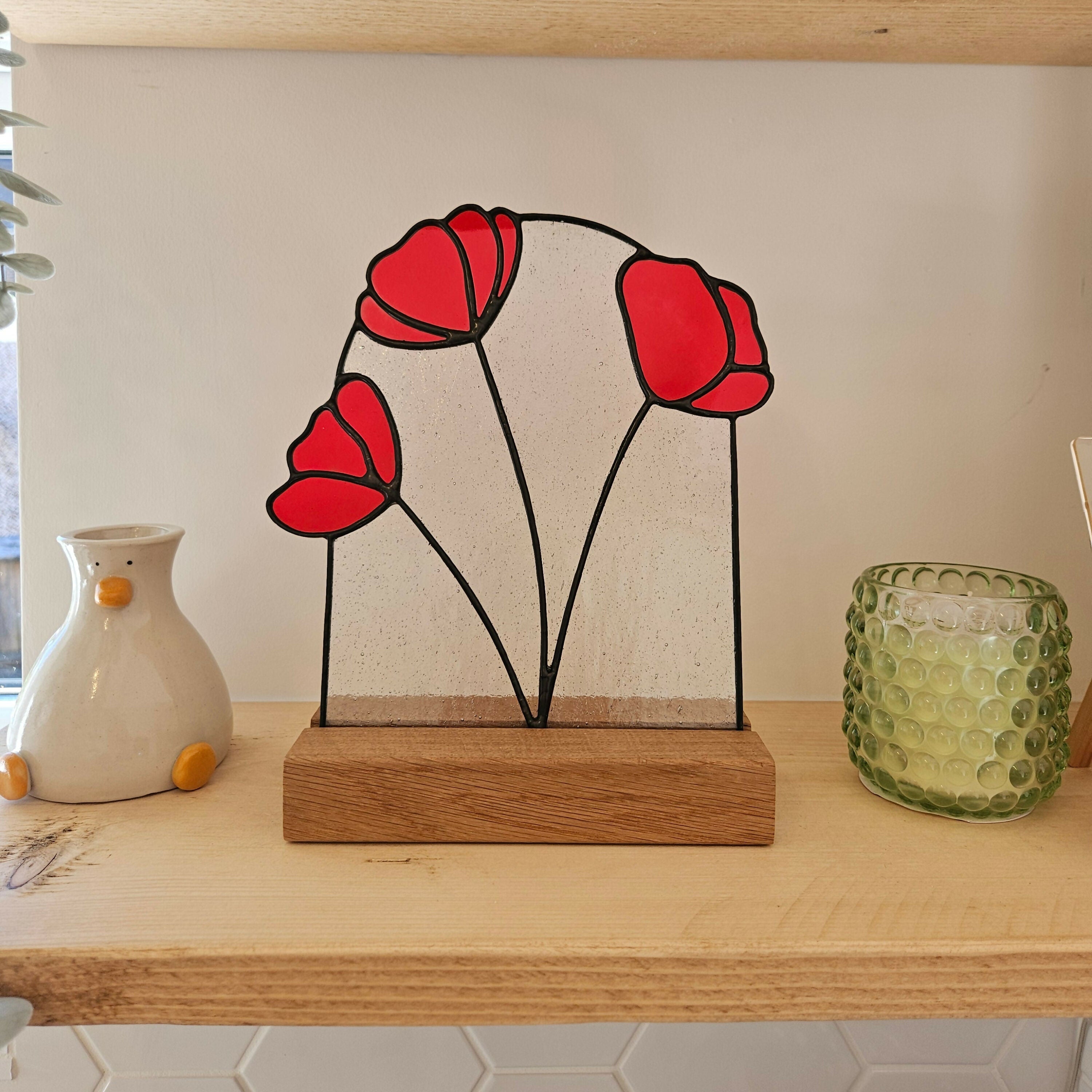 Red Poppy Stained Glass Panel with Solid Oak Stand
