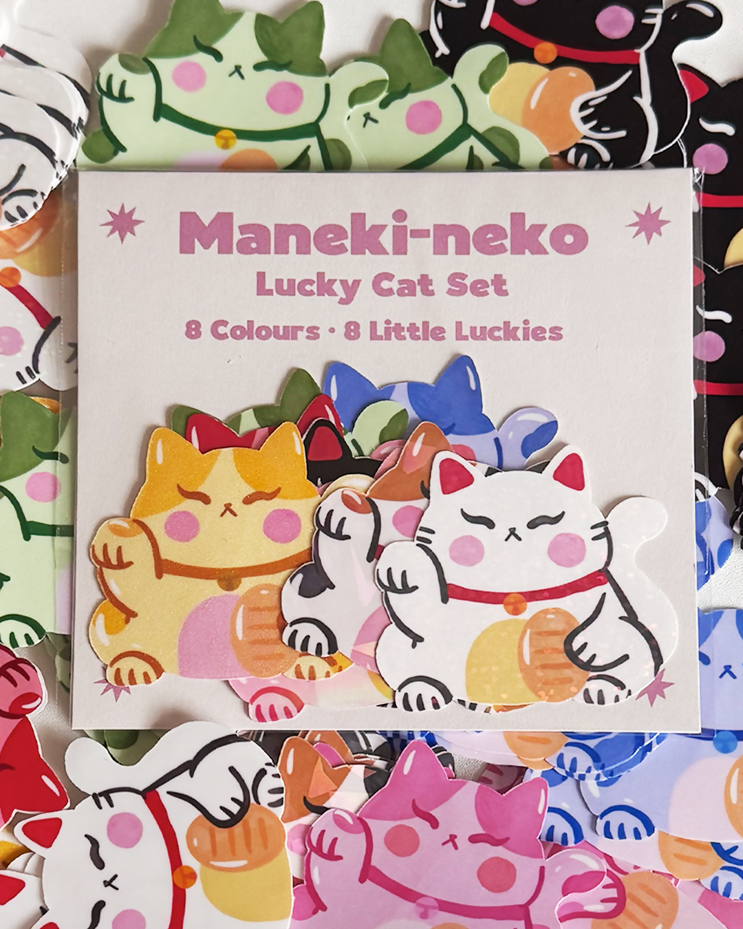 Maneki-neko Lucky Cat Sticker Pack - 8 Colors Complete Set