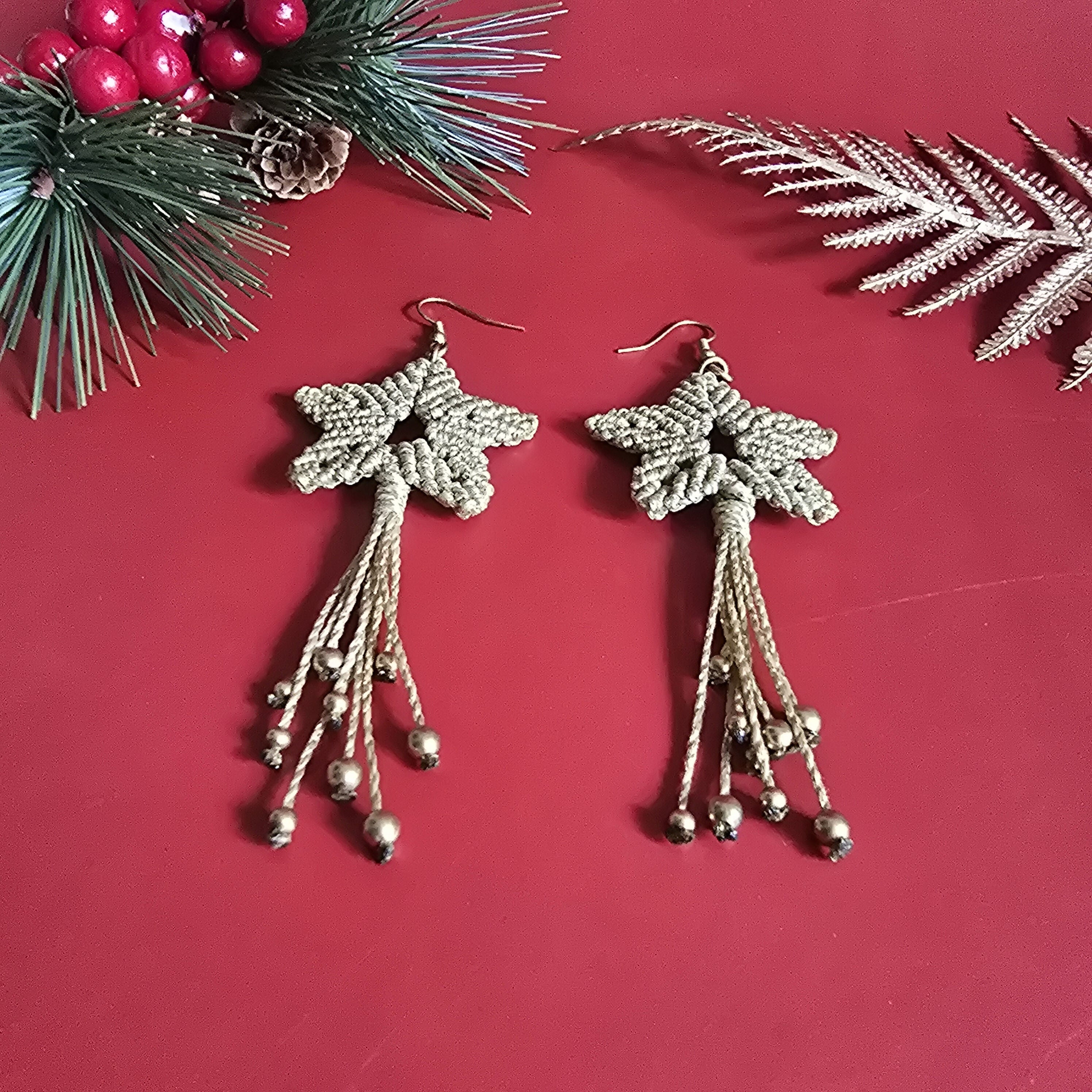 Christmas Shooting Star Earrings; Macrame Gold Sparkly Knotted Cord Festive Handmade Earrings