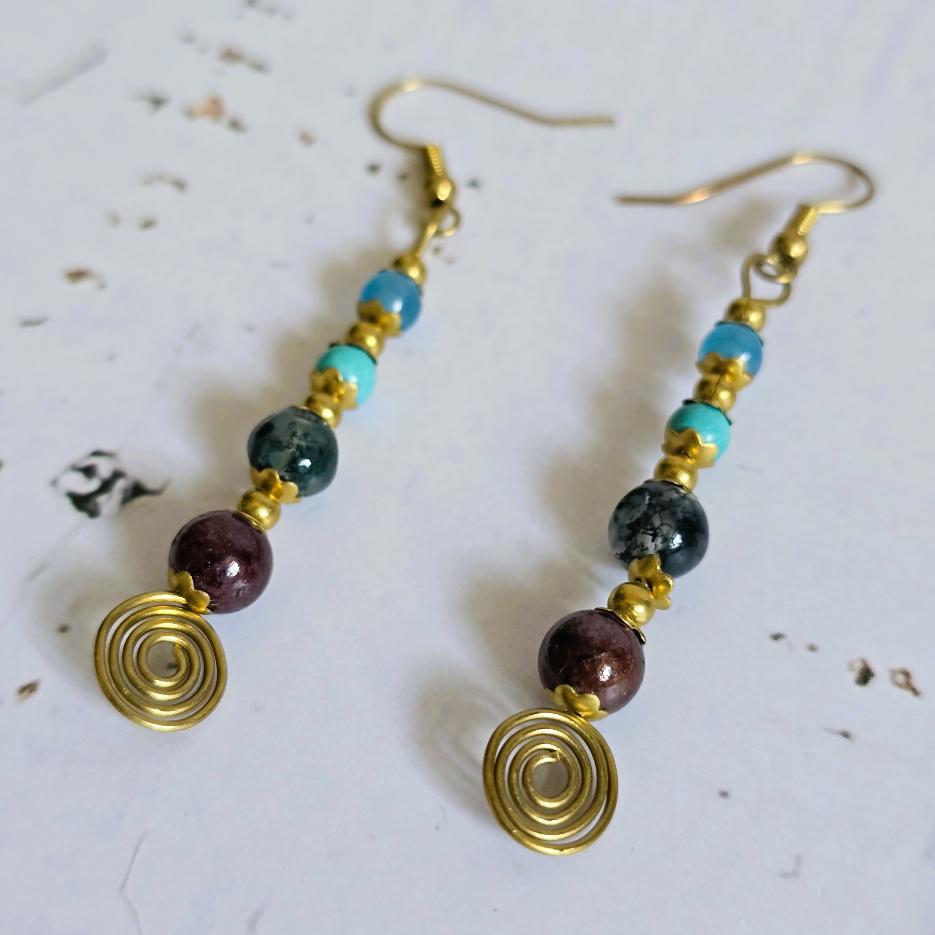 Aquamarine, Turquoise, Moss Agate & Garnet Crystal Drop Earrings; Delicate Boho Gemstone Earrings