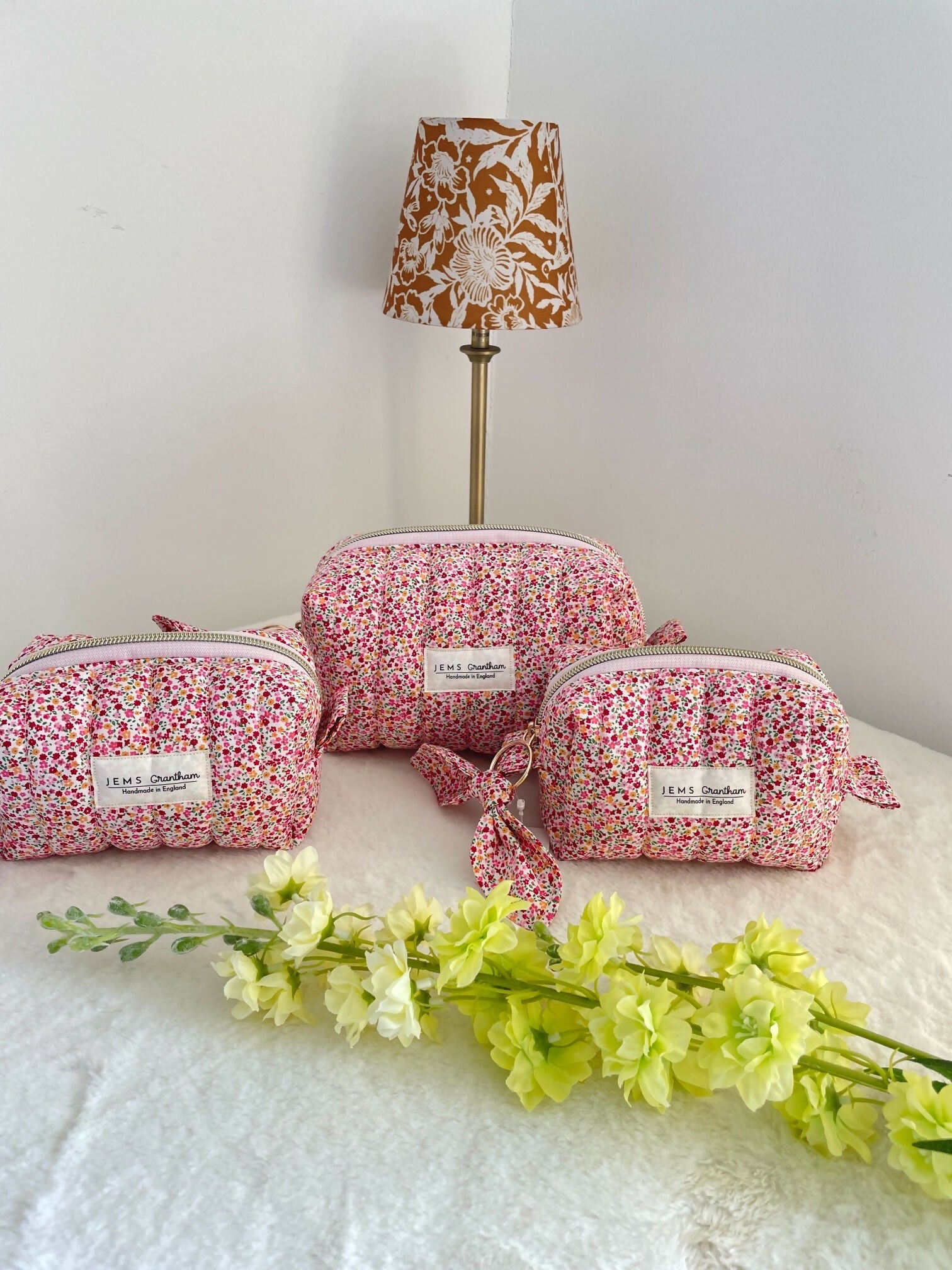 Ditsy Red Quilted Toiletry Bag with Zipper Handmade