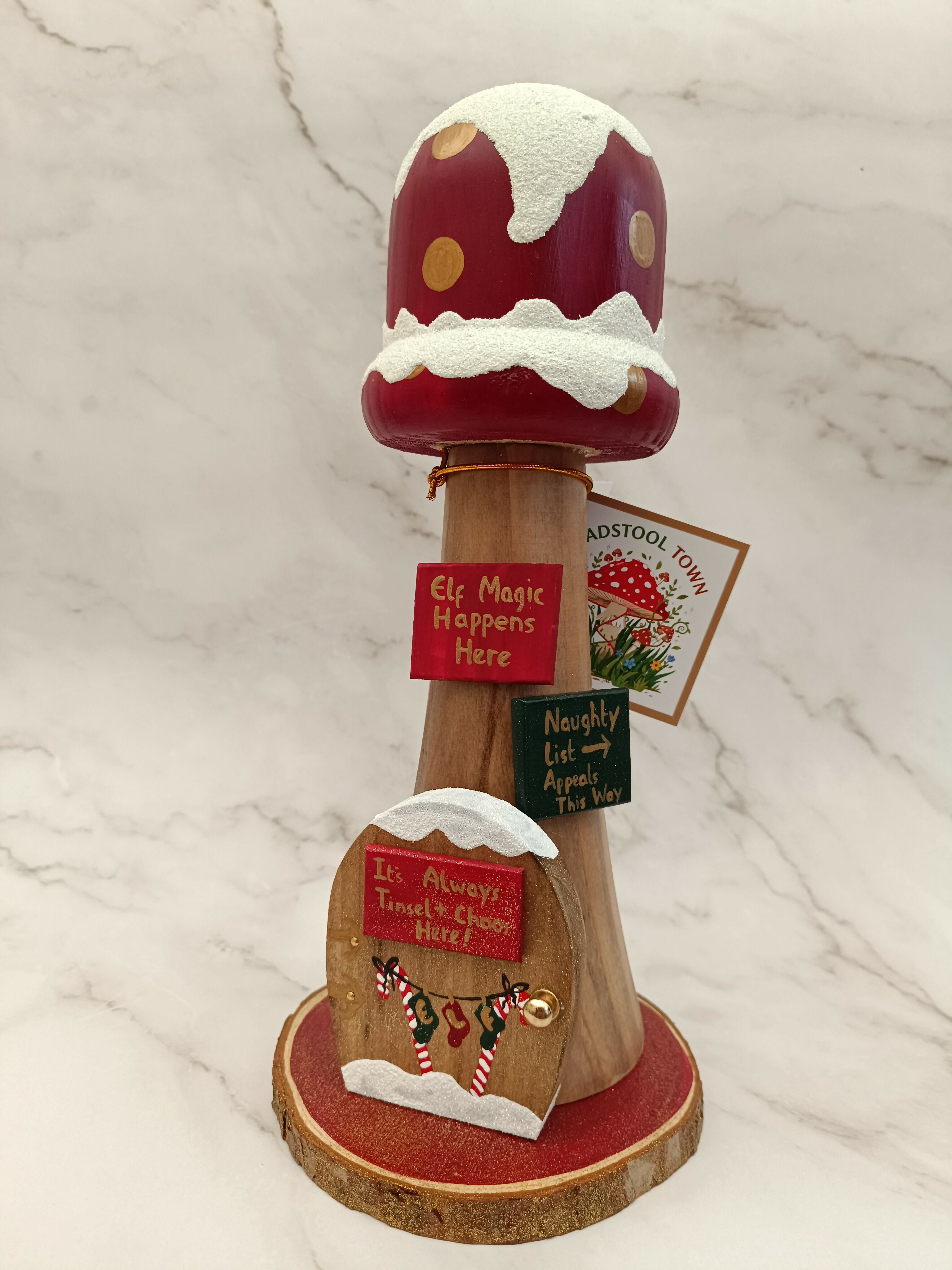 30cm Red Handmade, Free Standing Painted Wooden Bell Shaped Topped Toadstool Elf House With Double Snow - Whimsical Woodland Ornament & Holiday Keepsake