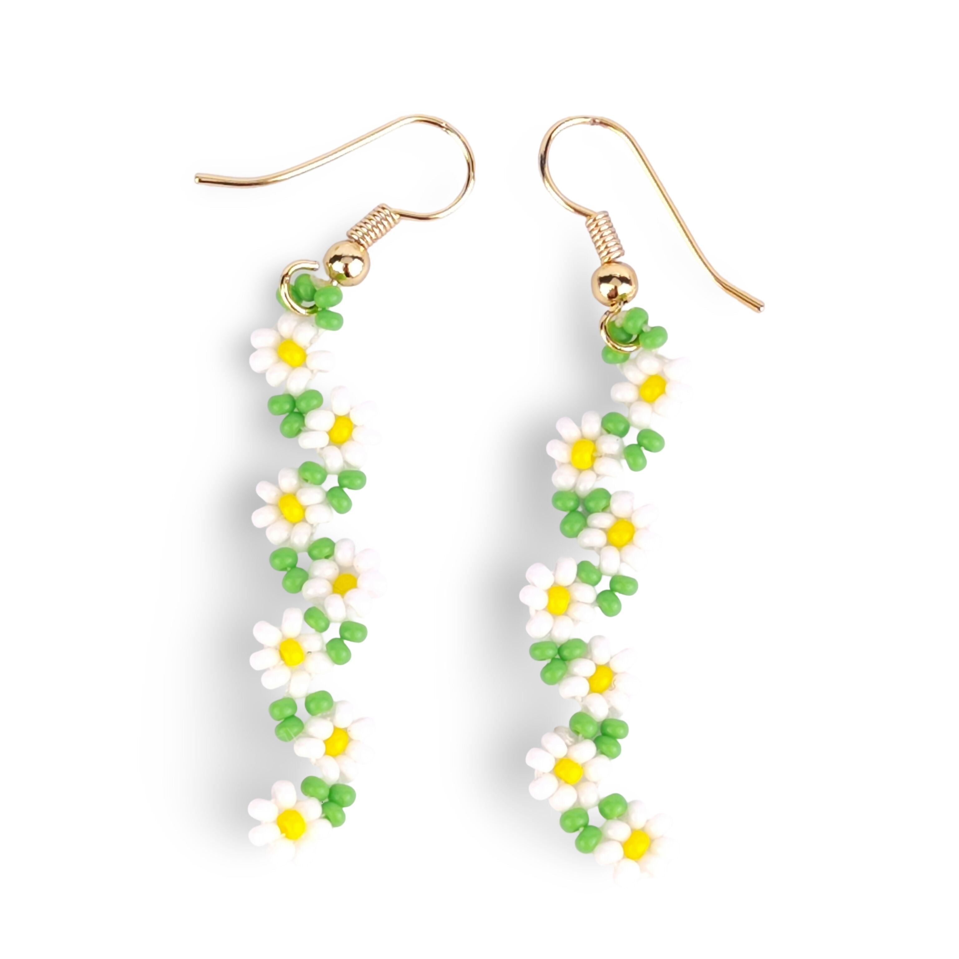 Handwoven Beaded Dangle Earrings - Floral