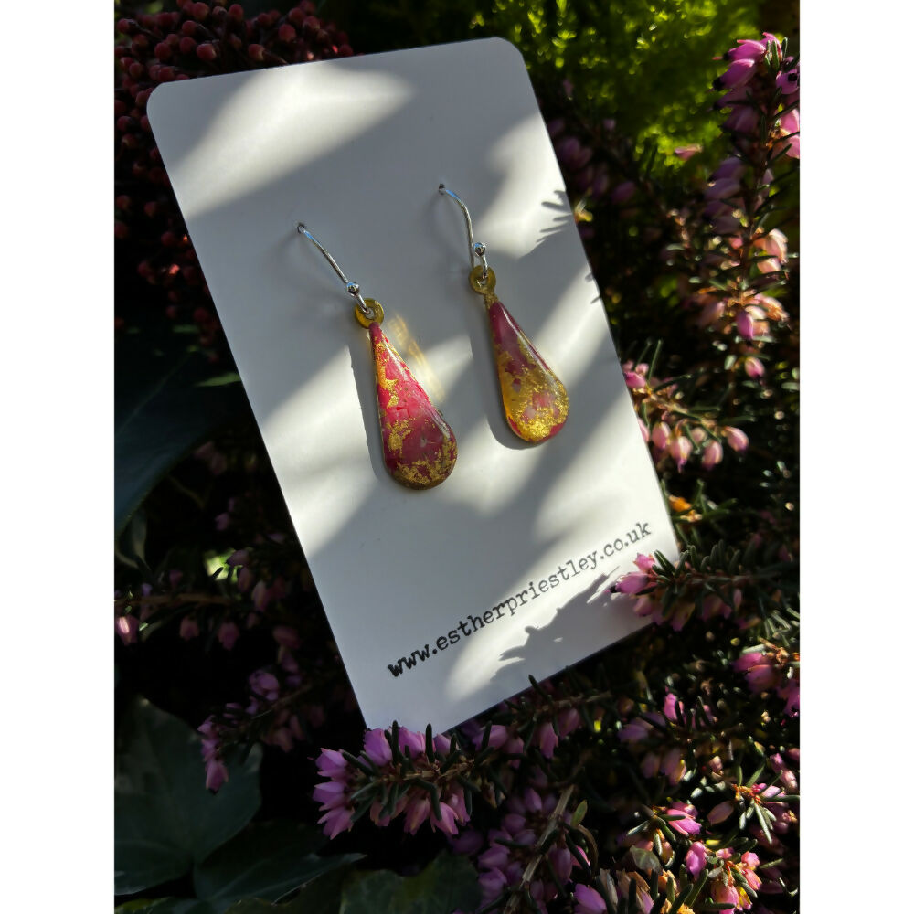 Silver Dangle Earrings: Handmade Marbled Effect Jewellery with Gold Leaf