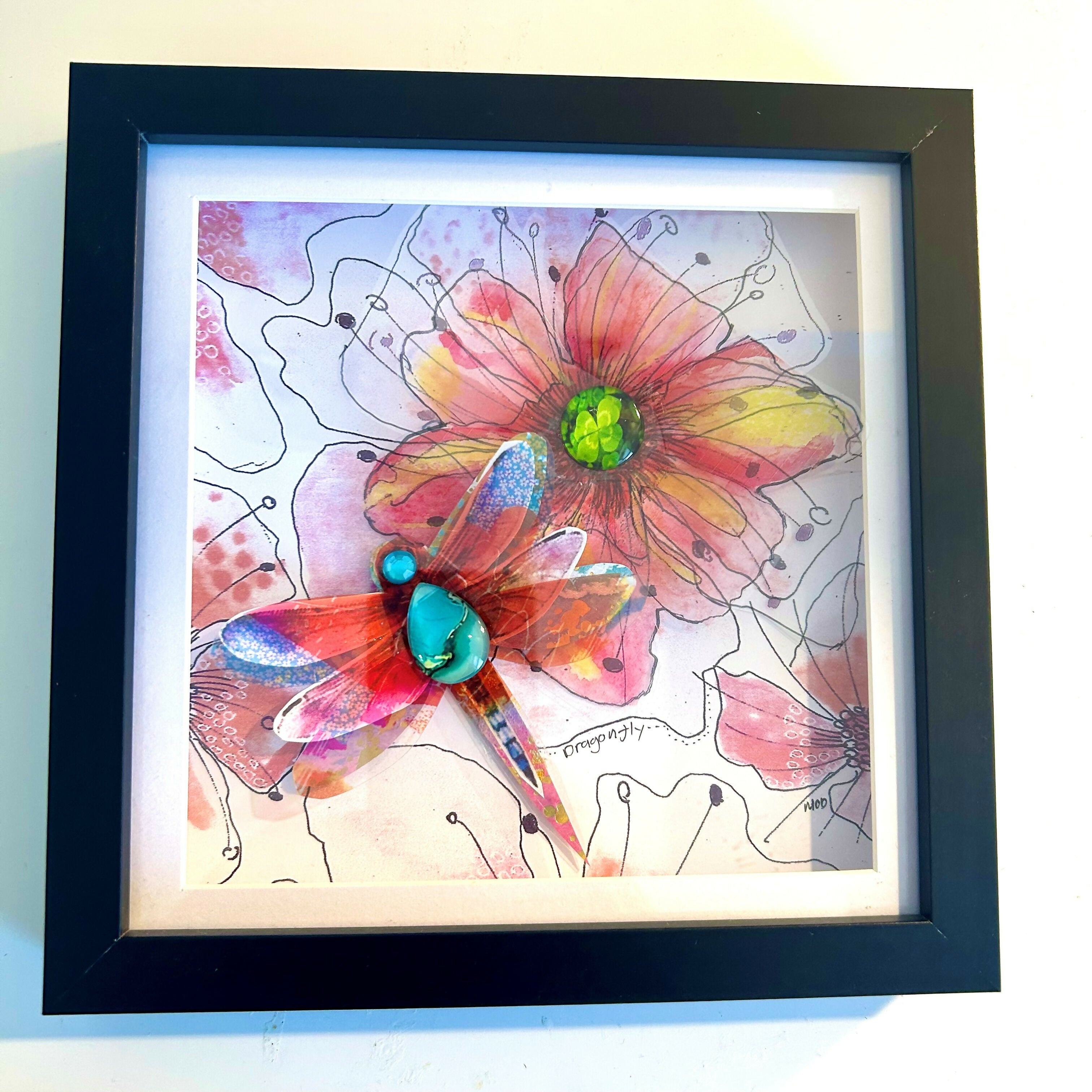 Florals & Dragonfly Mixed Media Framed Artwork