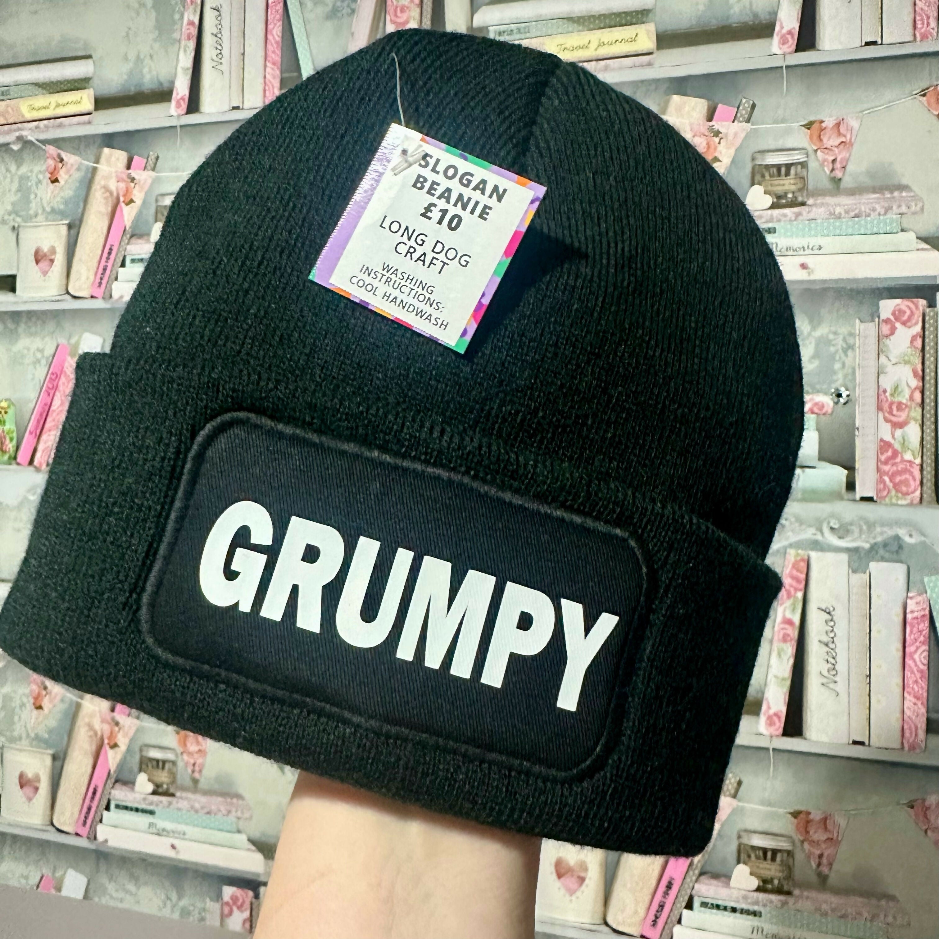 Grumpy Cuffed Rectangular Patch Beanie Hat