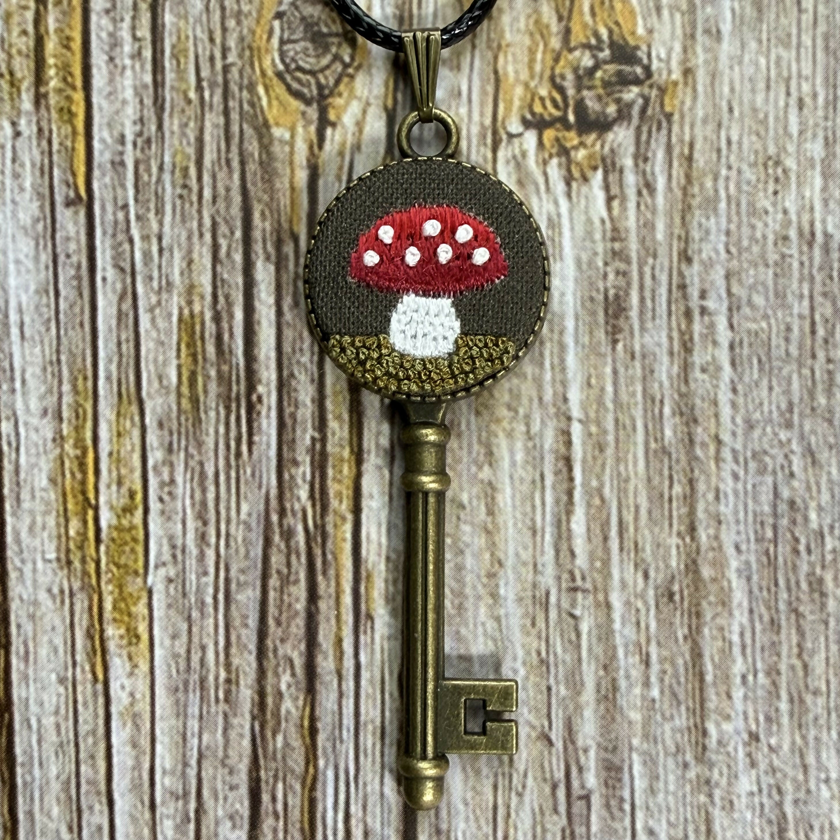 Hand Embroidered Mushroom Key Necklace