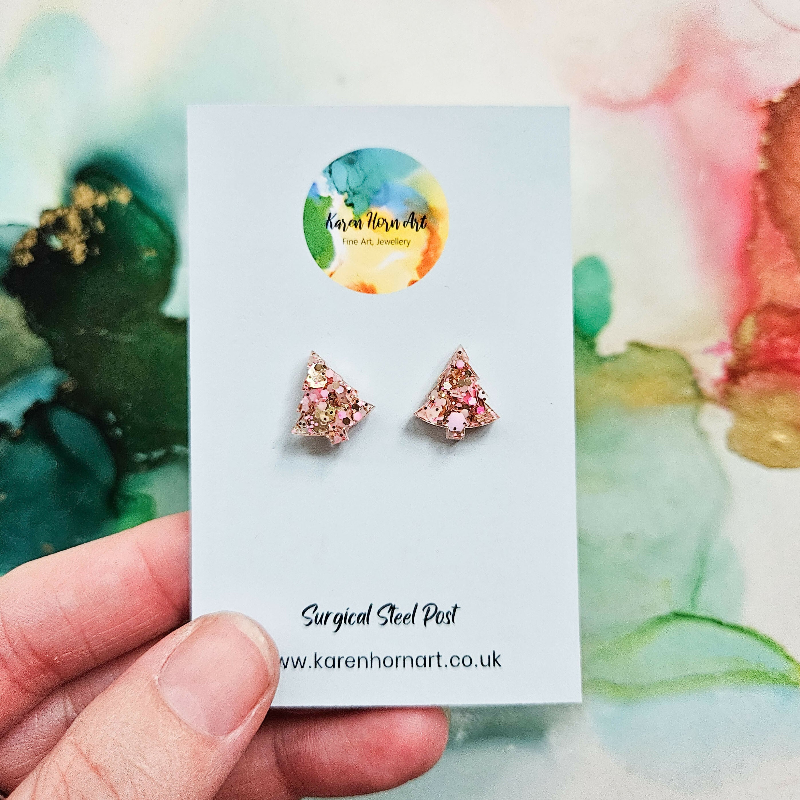 Handmade Pink And Champagne Glitter Resin Christmas Tree Studs