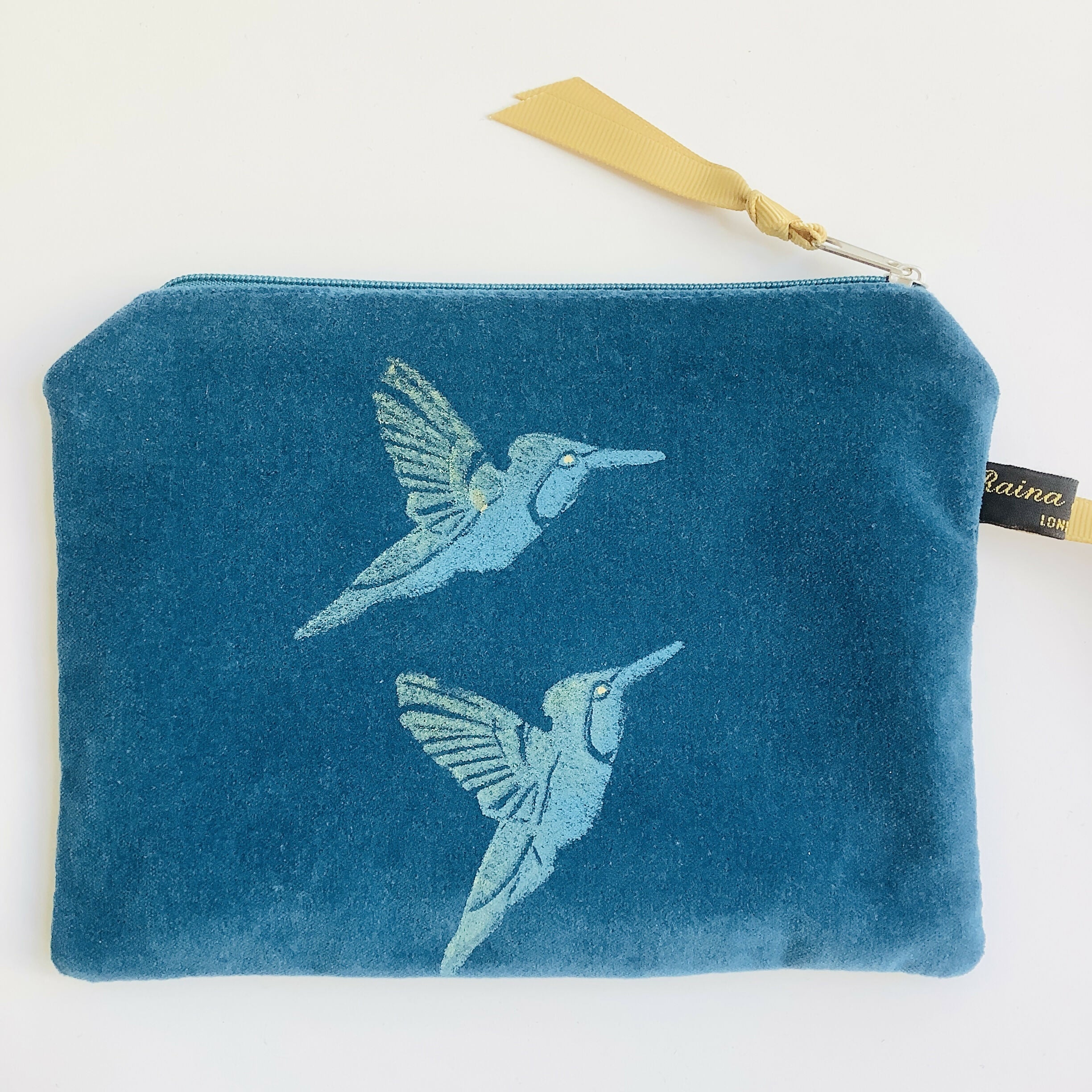 Teal Hummingbirds Velvet Zip-Up Pouch with Wrist Strap