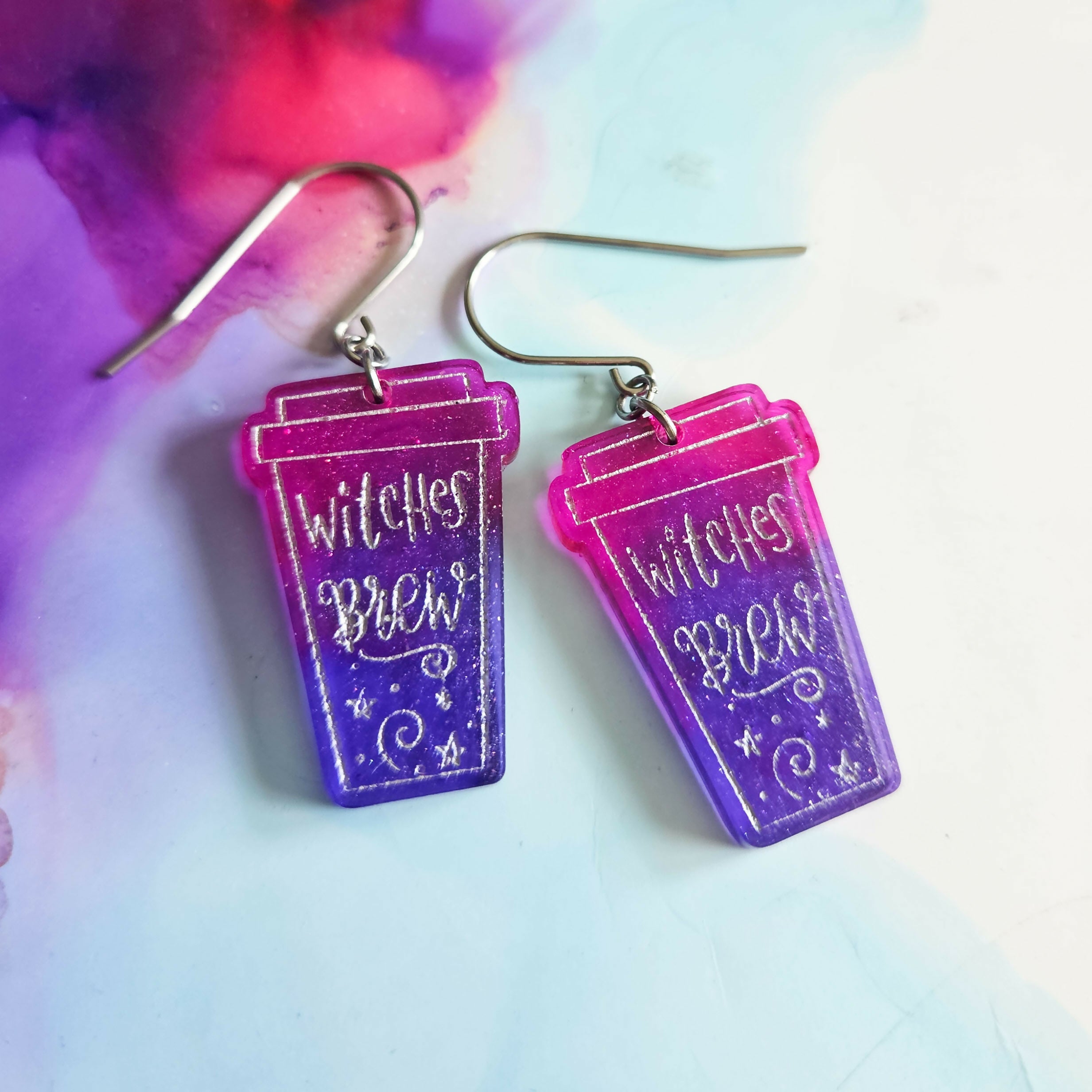 Handmade Purple Pink Witches Brew Cups Resin Halloween Earrings