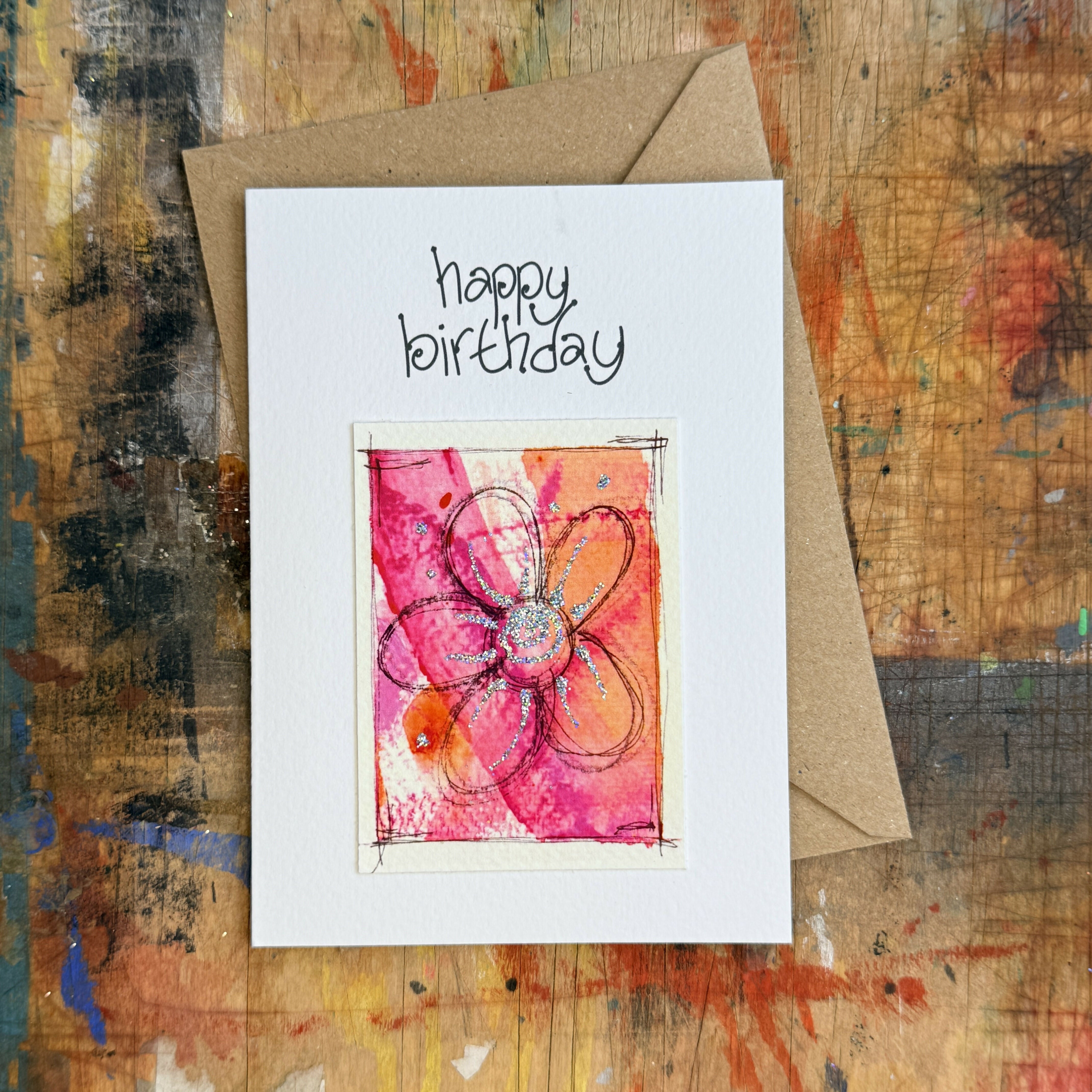 Abstract Sparkle Flower Birthday Card in Pink