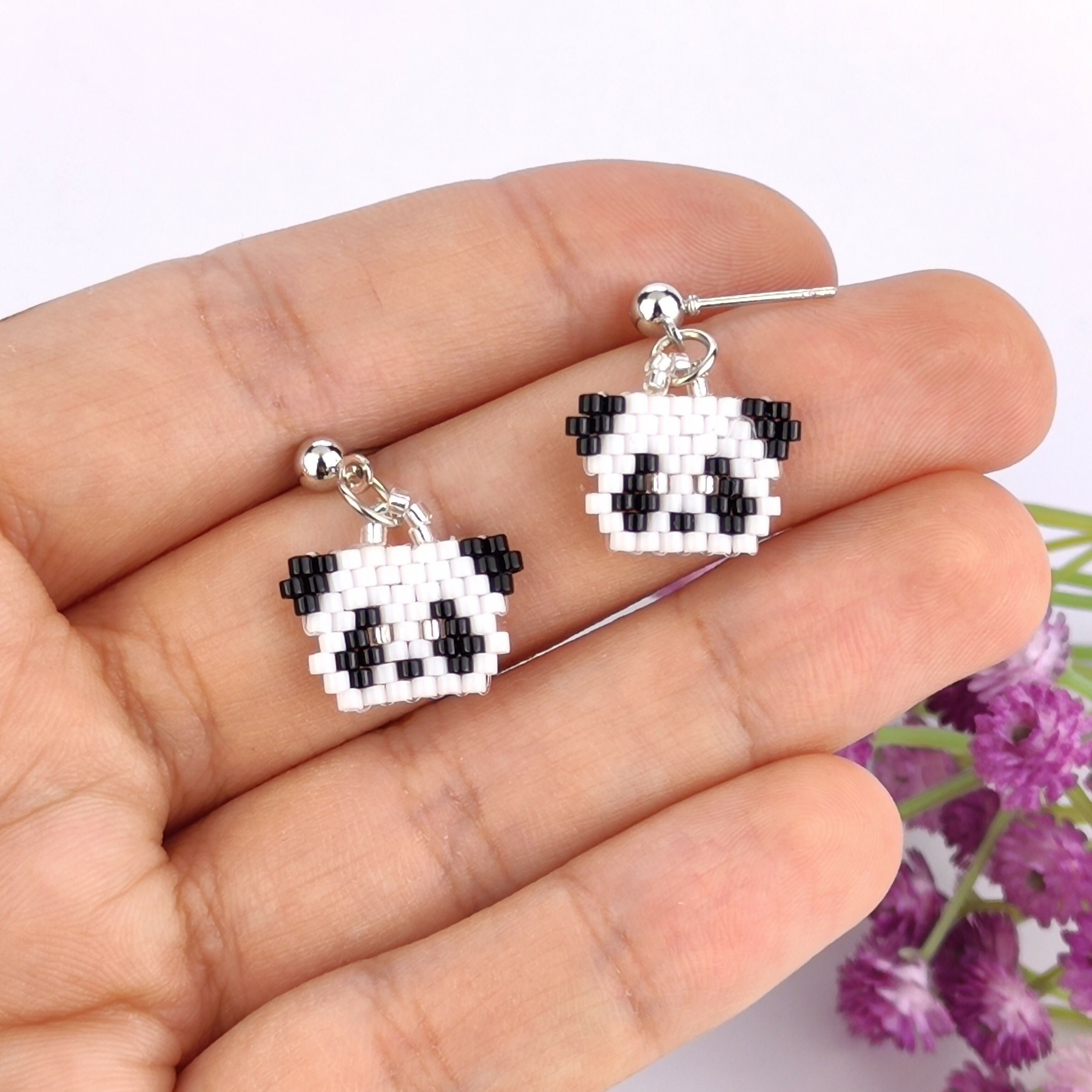 Handwoven Beaded Dangle Earrings - Panda
