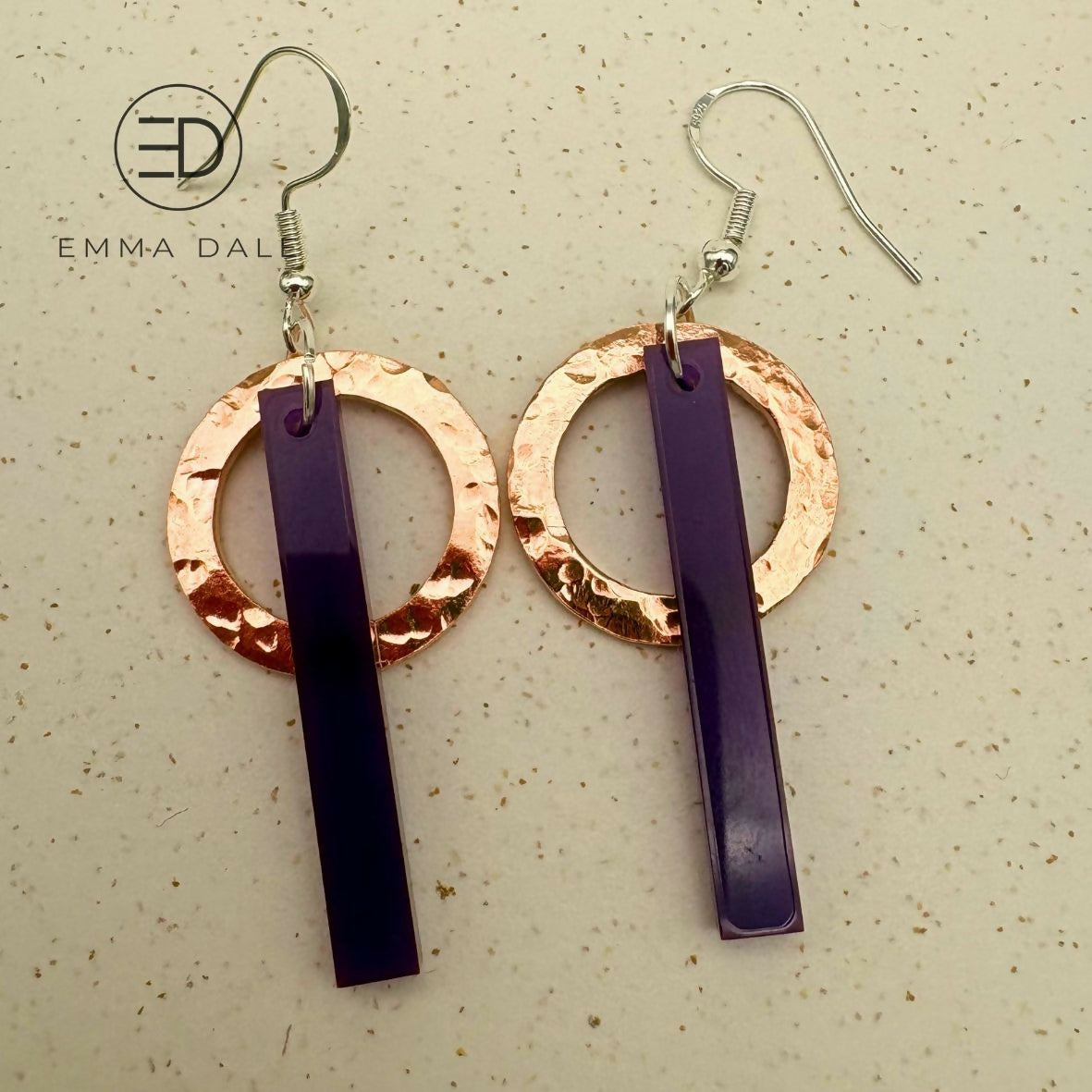 Purple Acrylic Bar & Hand-Hammered Copper Earrings