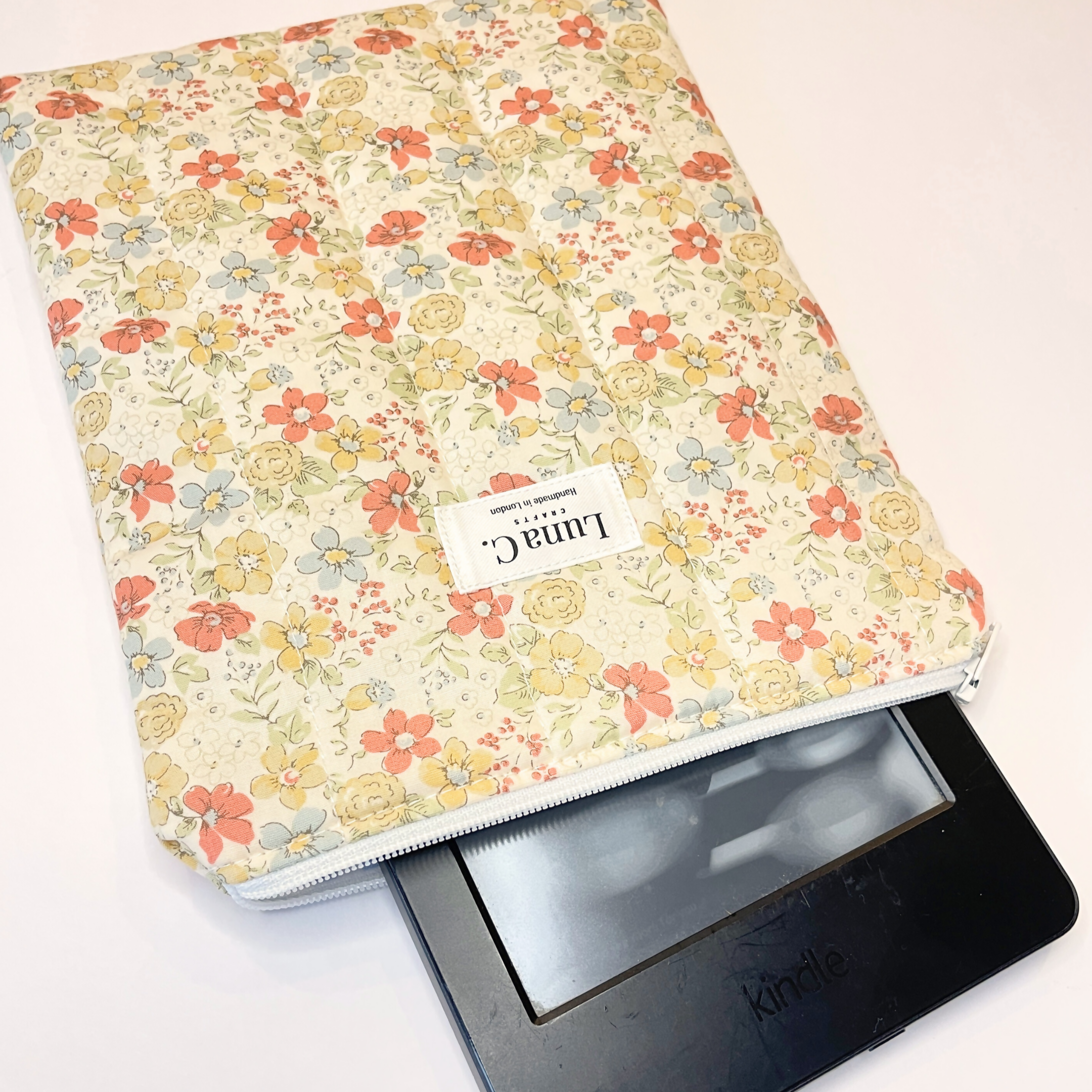 Creamy Yellow Orange Floral Blue Gingham Lining Book or Kindle Sleeve