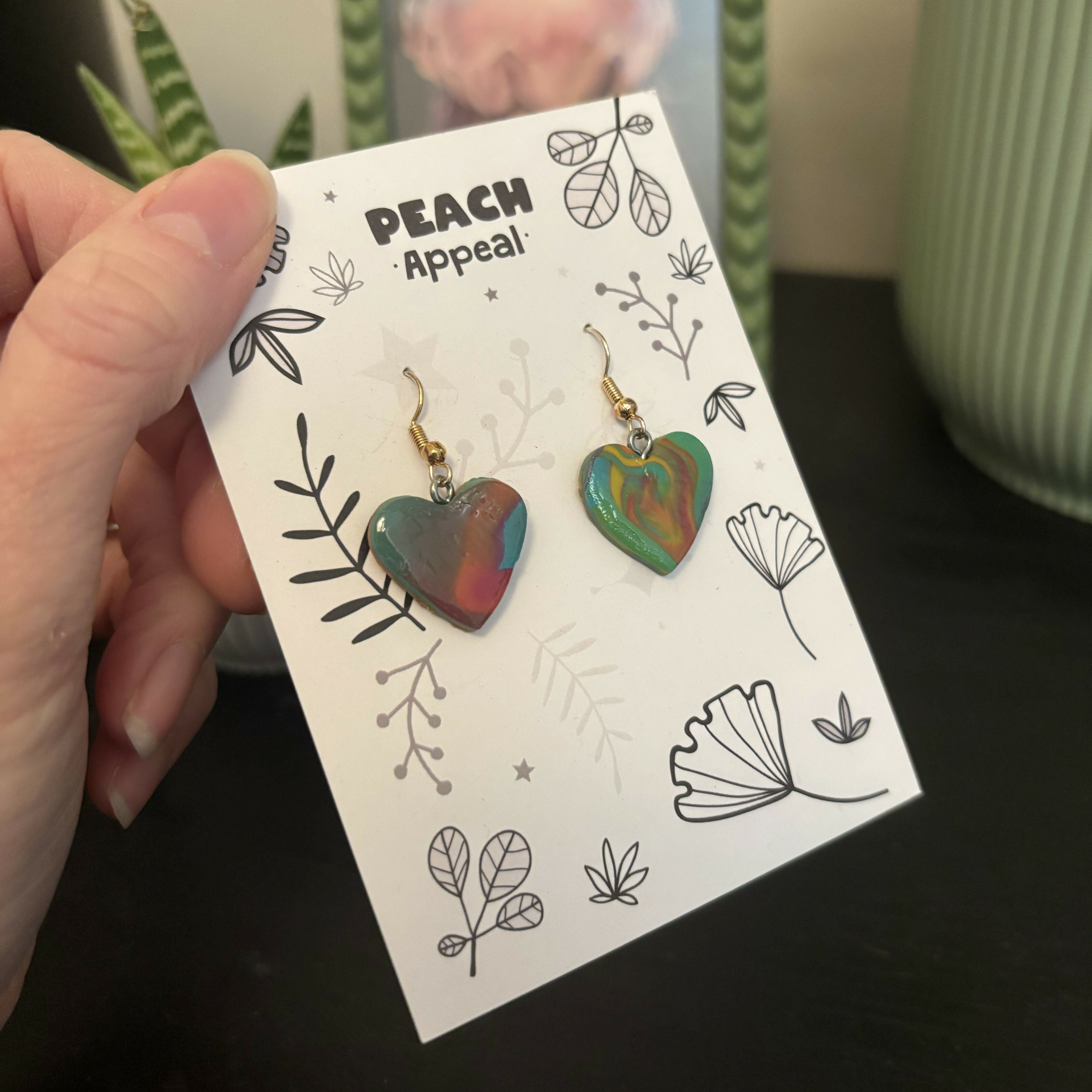 Recycled Polymer Clay Earrings - Rainbow Heart