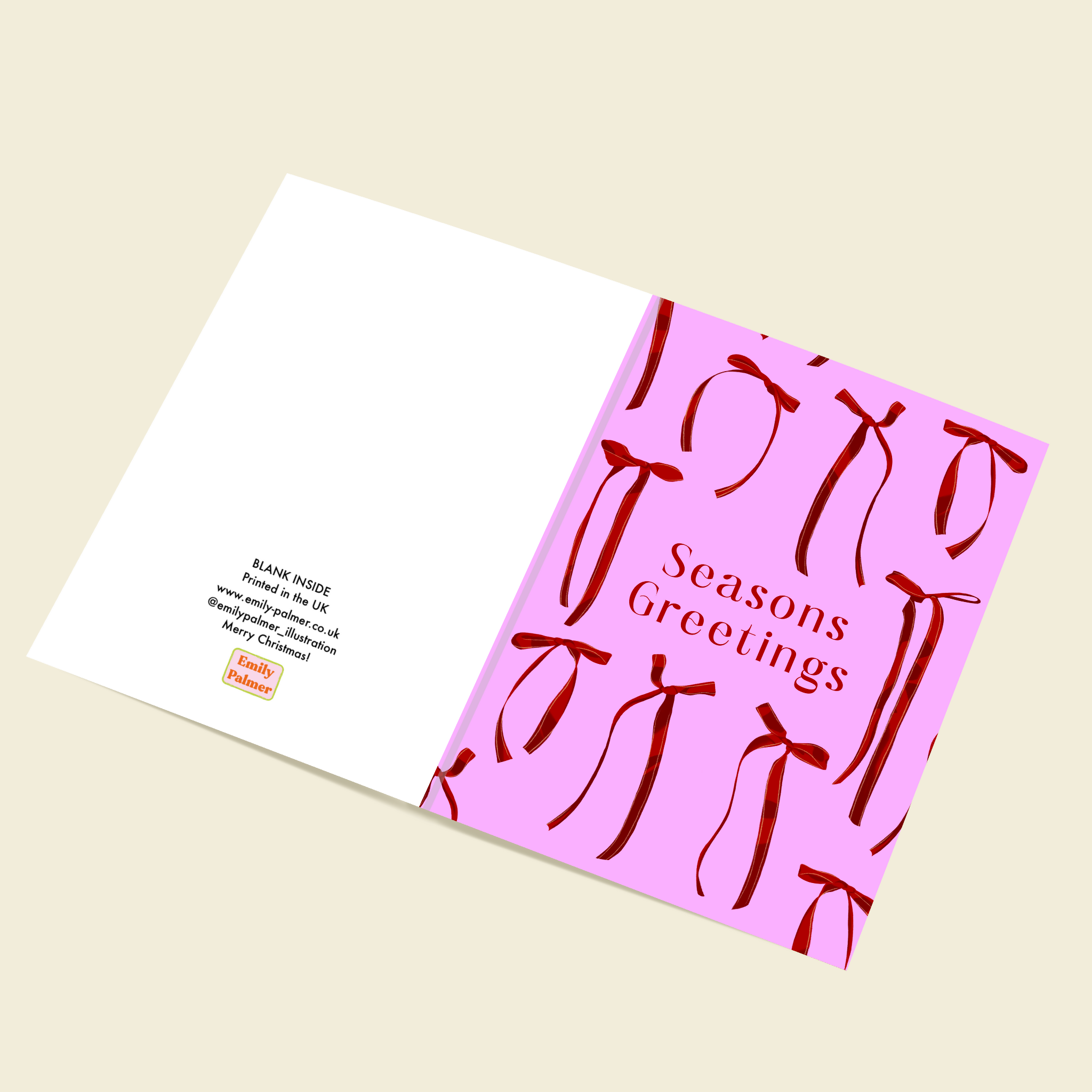 Pink Bow Seasons Greetings Christmas Card