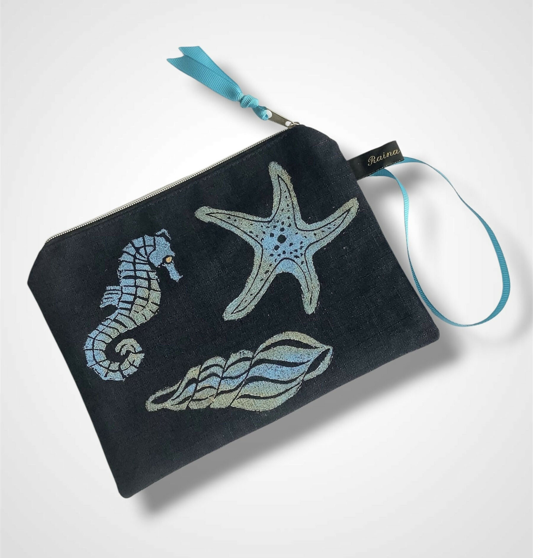 Navy Sea Shells Linen Women’s Zip-Up Pouch