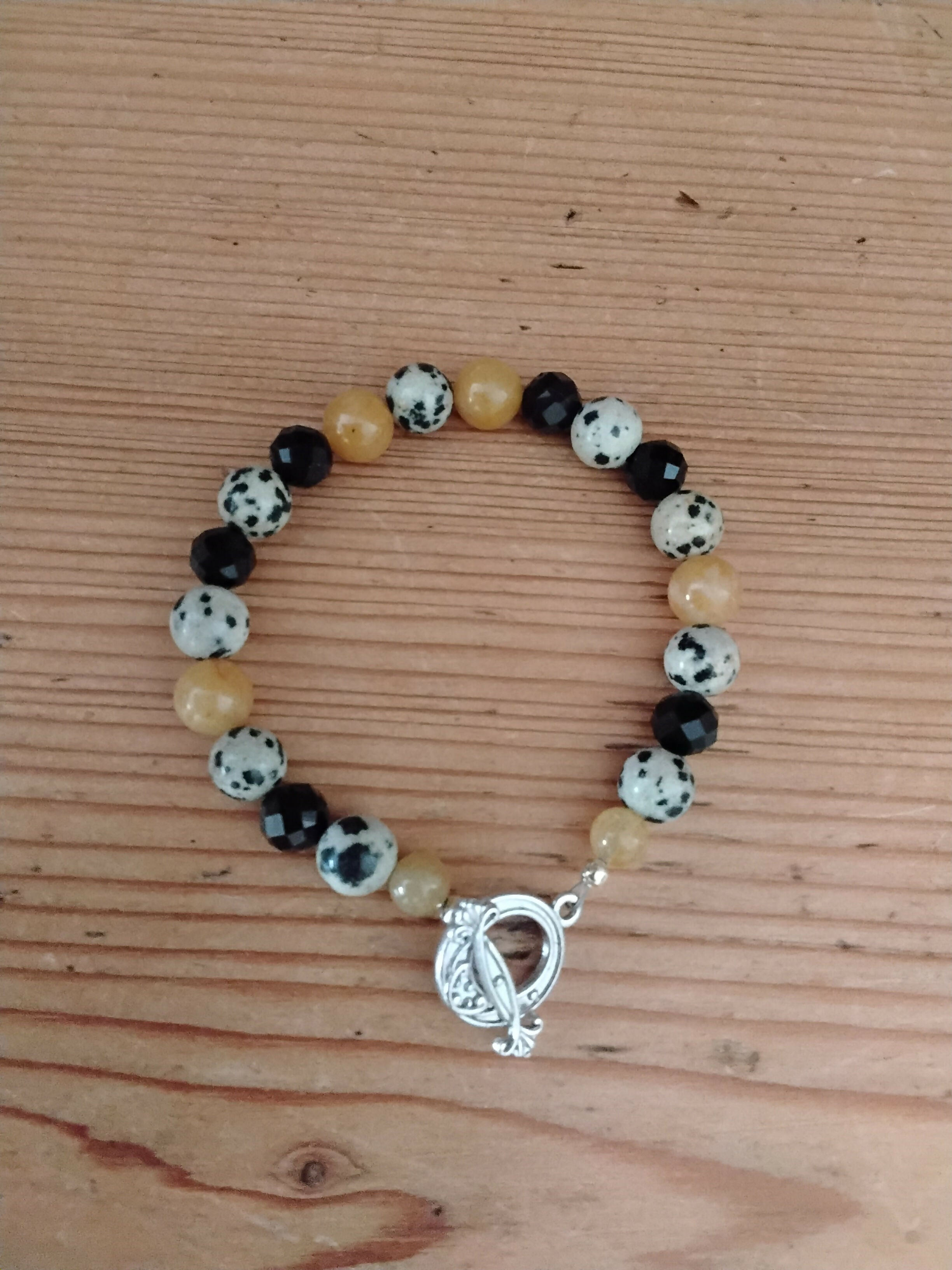 Tibetan Silver Toggle Catch Bracelet with Yellow Jade, Dalmatian Jasper and Faceted Onyx.