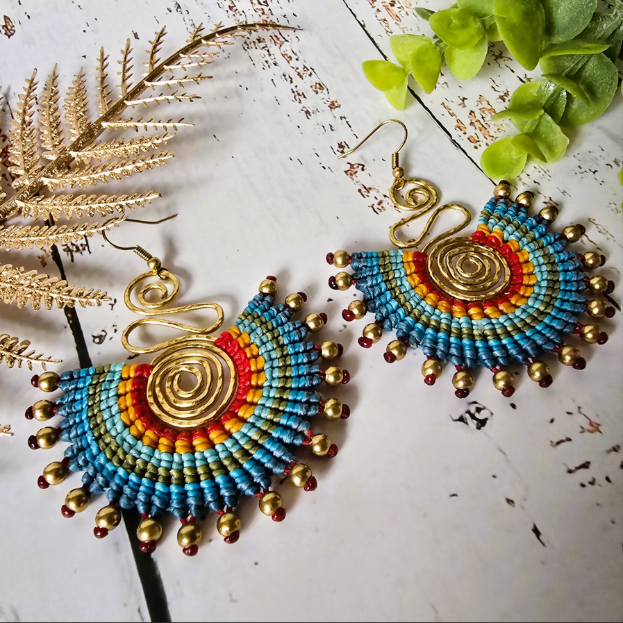 Tropical Blue Macrame Earrings; Boho Colourful Dopamine Colourful Statement Earrings