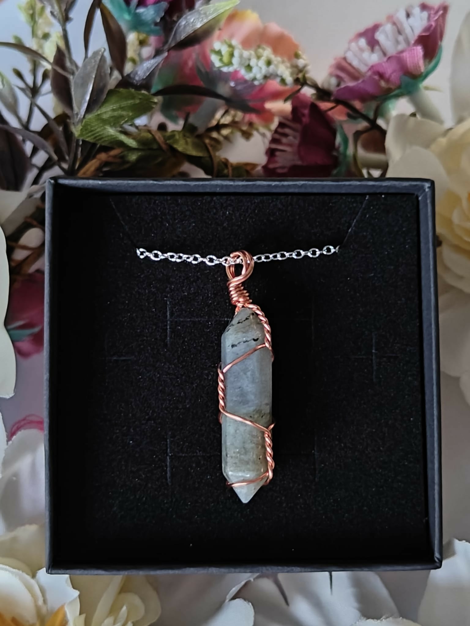 Labradorite Wire Wrapped Crystal Point Necklace on Sterling Silver Chain