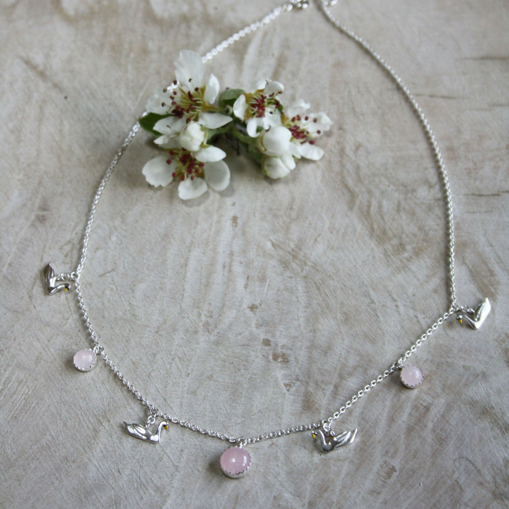 Swan and Rose Quartz Necklace