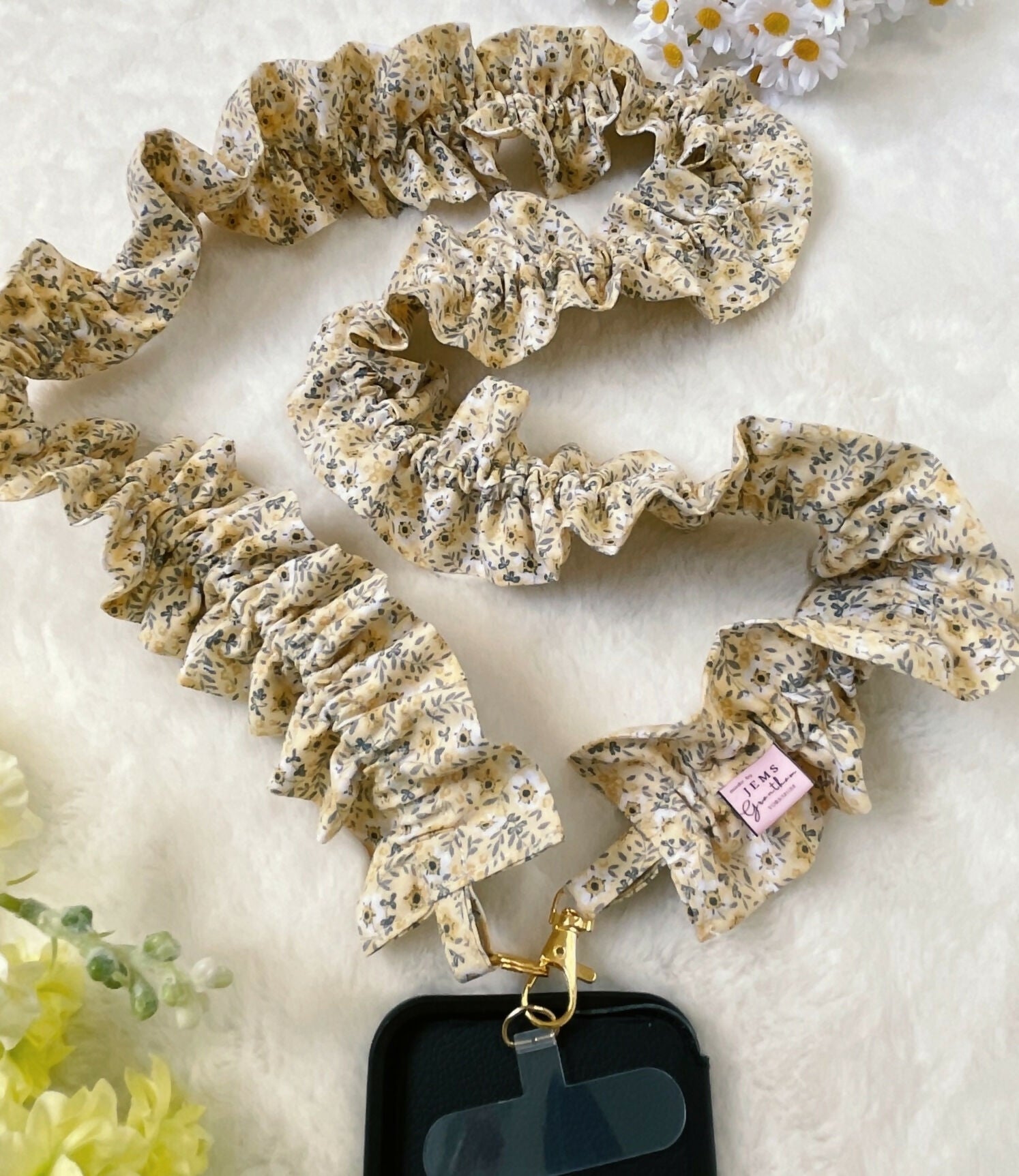 Handmade Ruffled Crossbody Phone Strap Yellow Ditsy