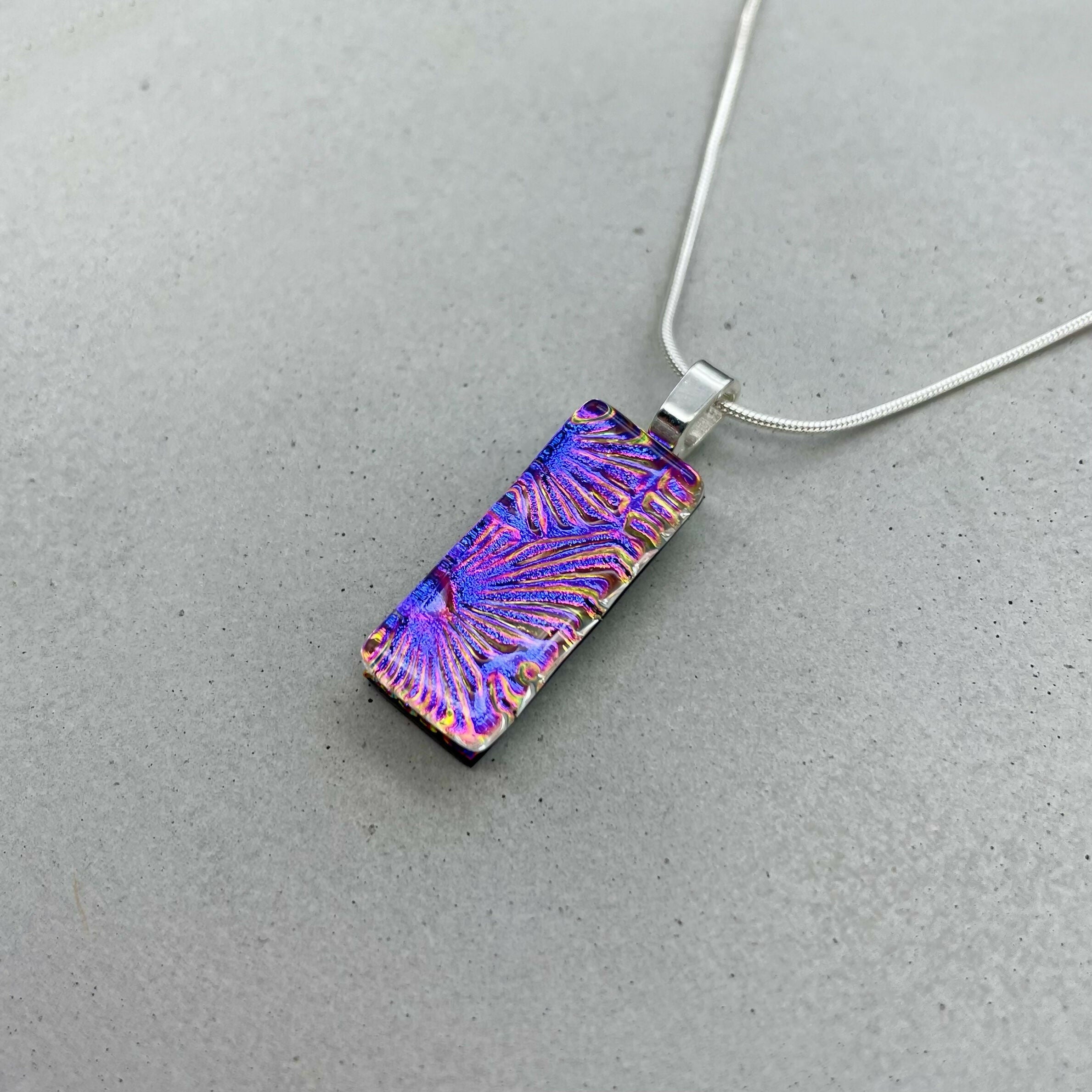 Pink & Purple Flower Dichroic Fused Glass Pendant with Silver Plated Chain - Handmade by Jade Tapson Glass.
