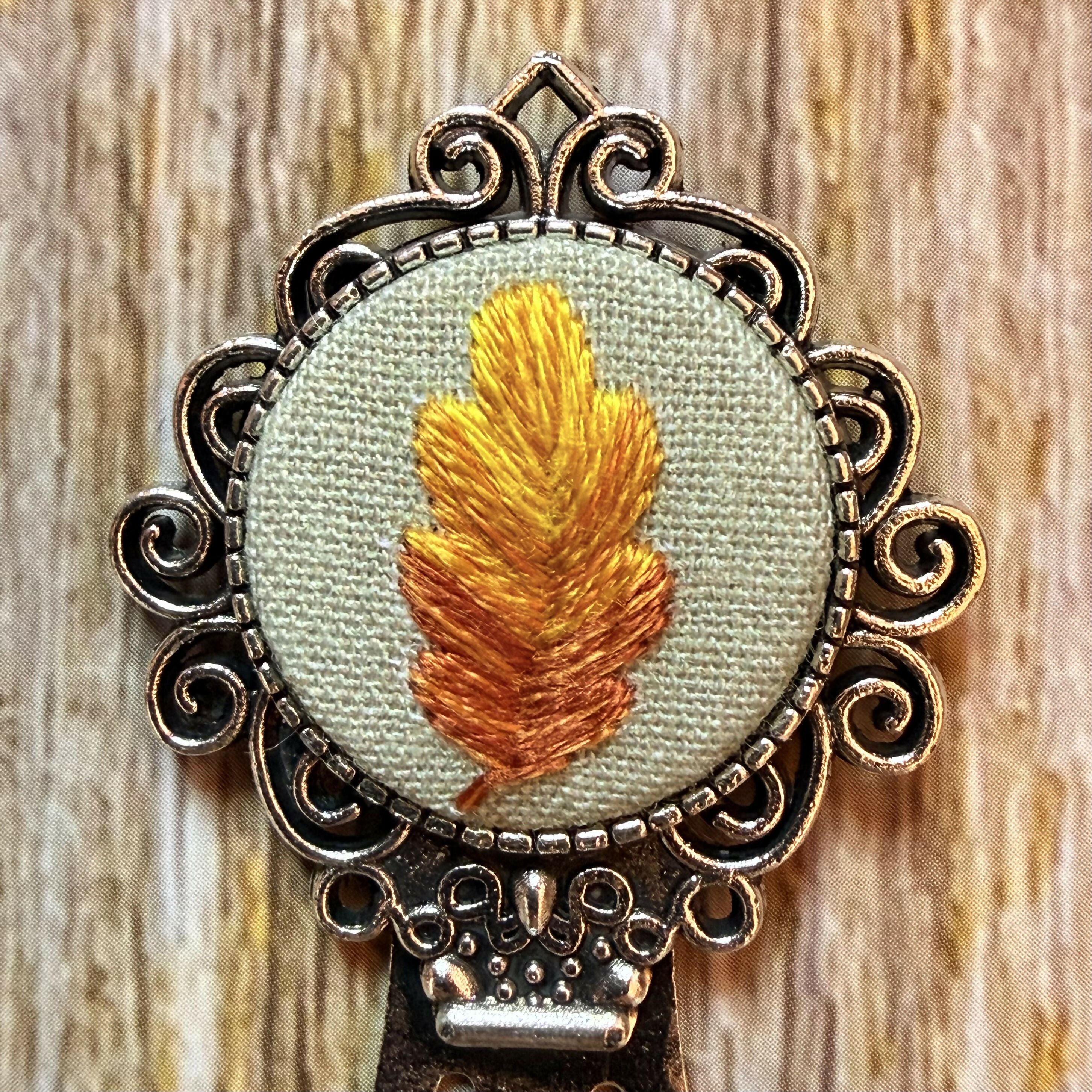 Silver Hand Embroidered Autumnal Oak Leaf Bookmark