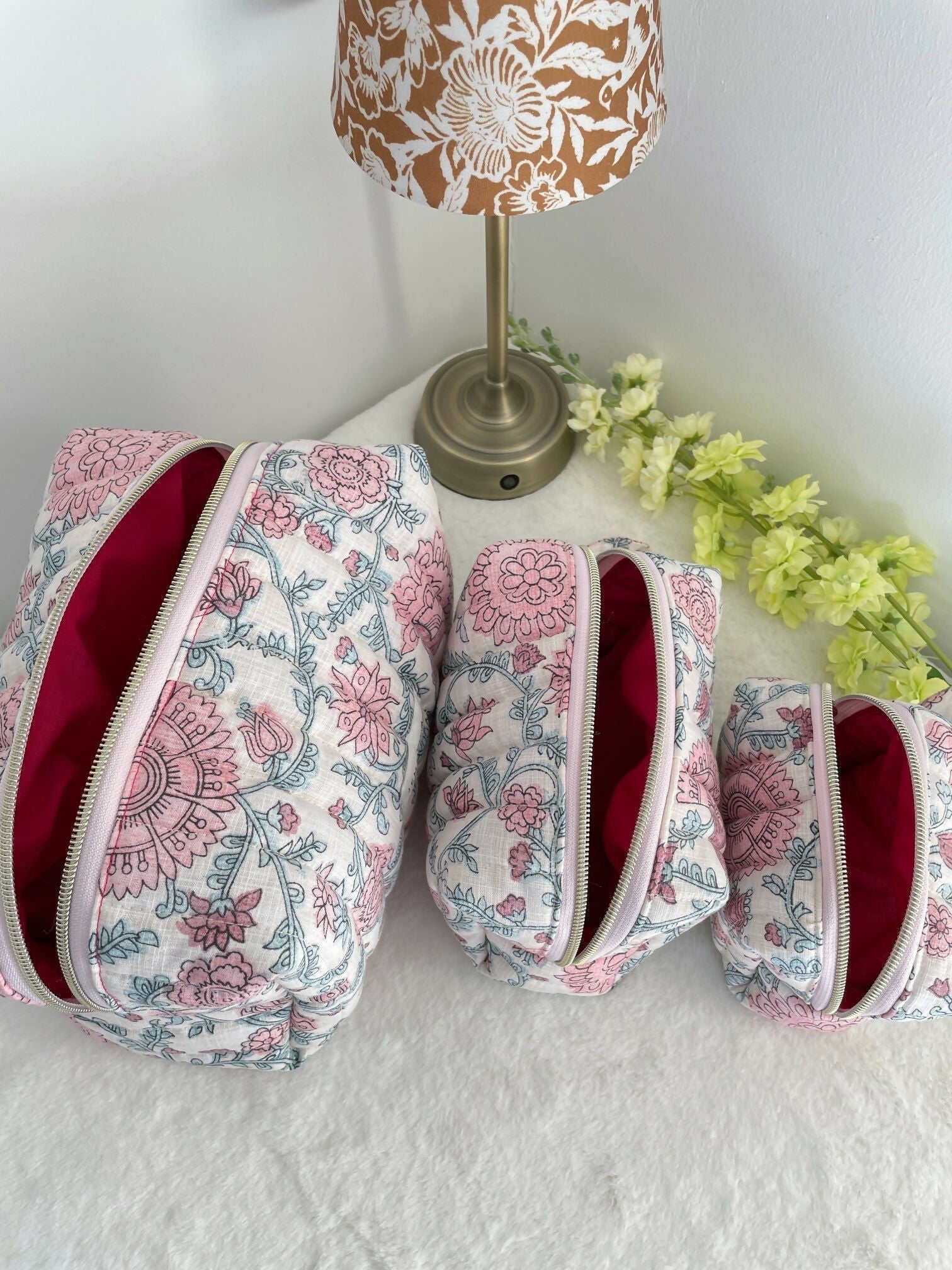 Quilted Toiletry Bag Cream with Pink Floral Design