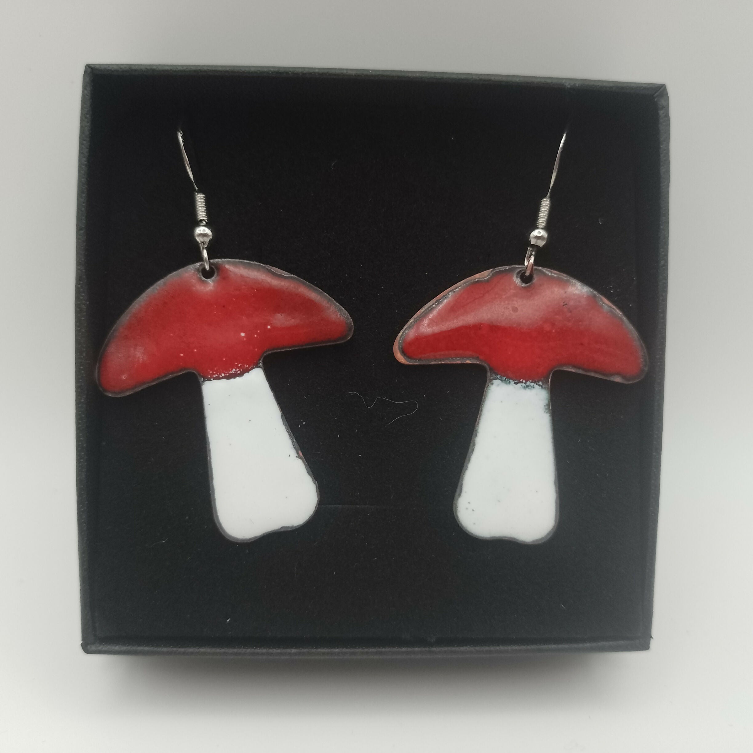 Red and White Enamel Mushroom Earrings
