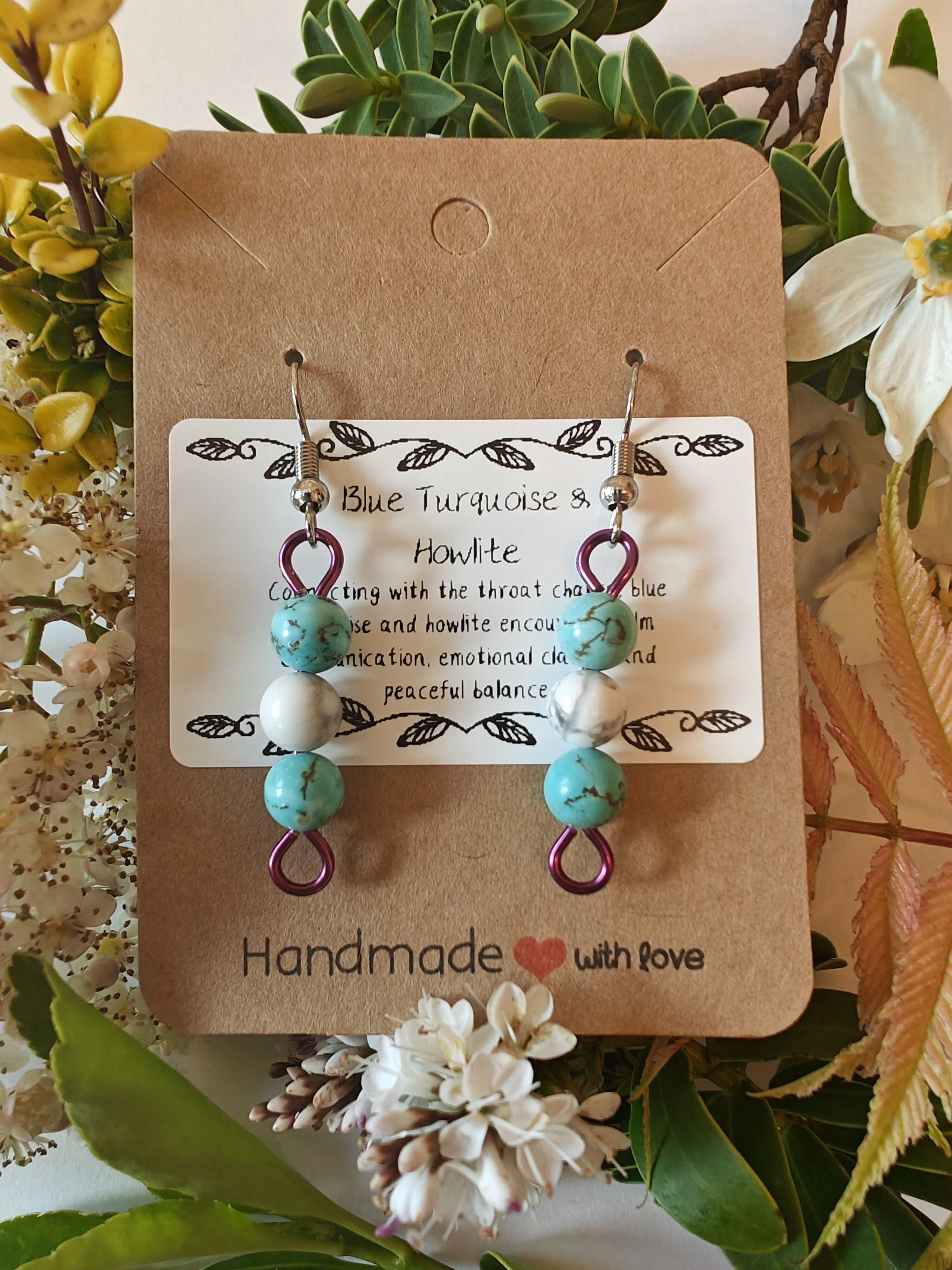 Blue Turquoise and Howlite Wire Wrapped Crystal Bead Earrings