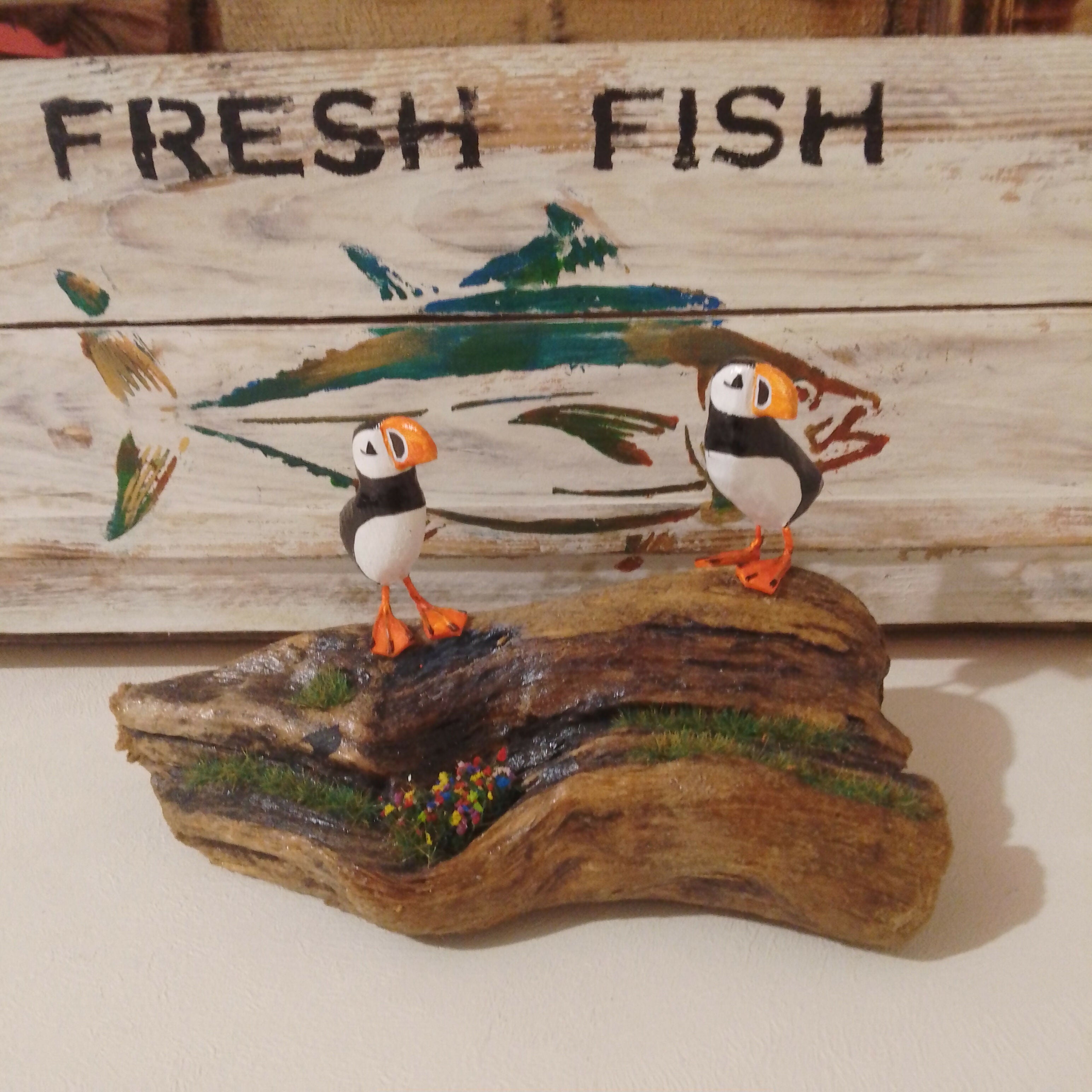 2 Puffins On Driftwood, Flowers