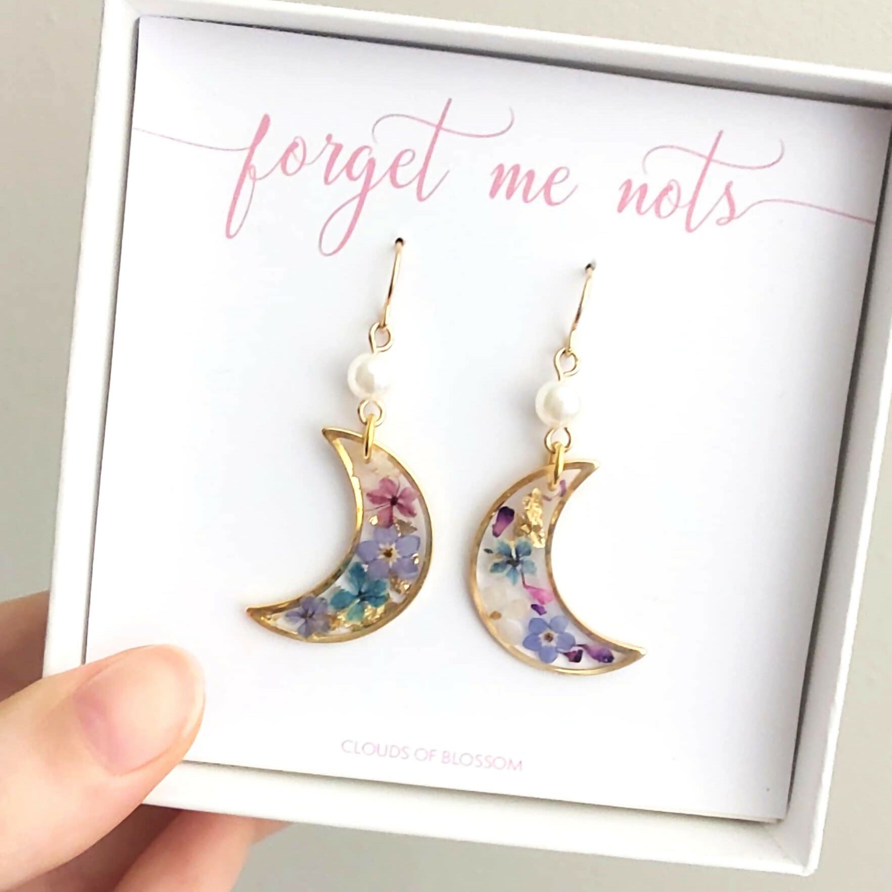 Forget Me Not Multicolour Real Flower Moon Earrings Gold Plated