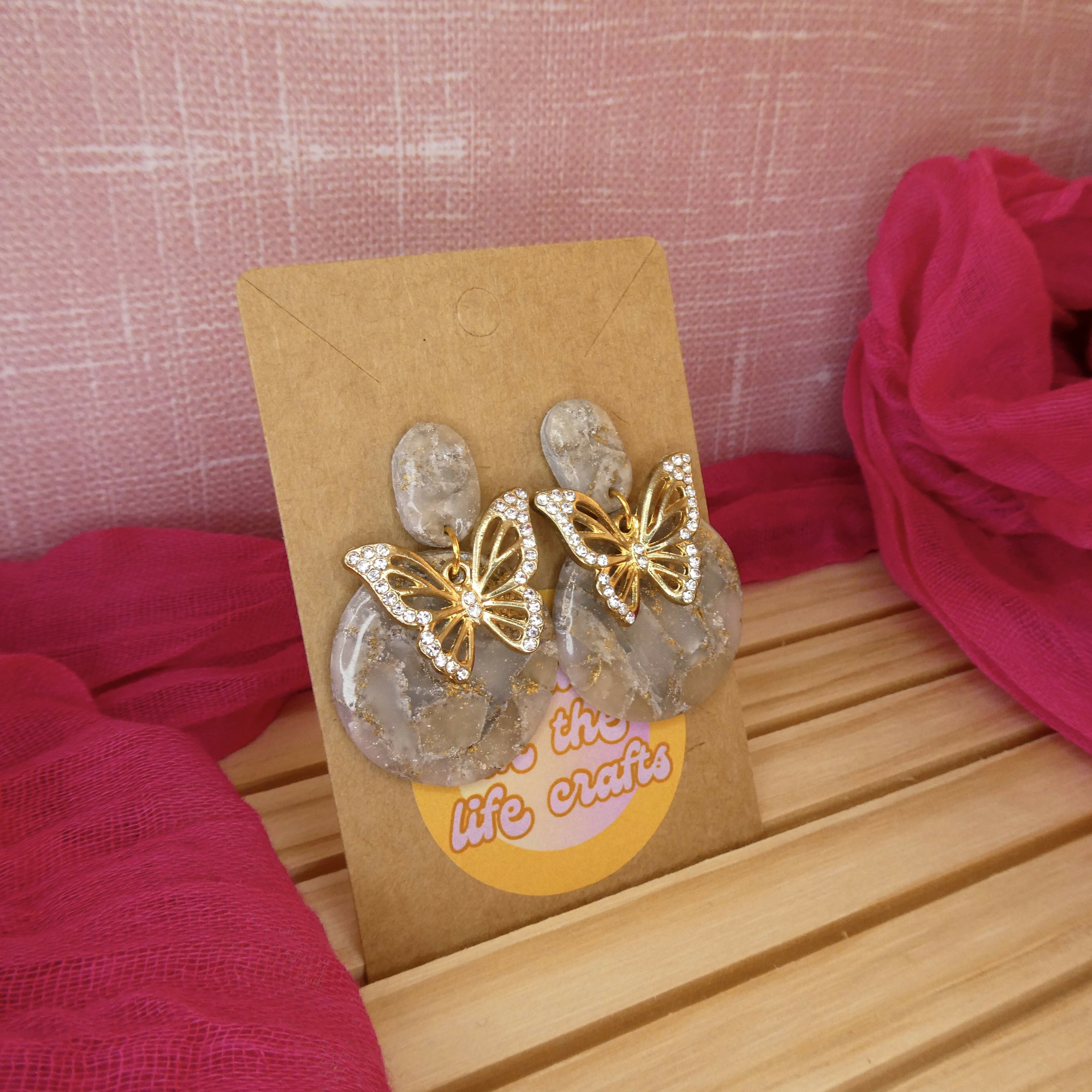 Gold Mosaic Polymer Clay Earrings With Gold Butterfly Charm