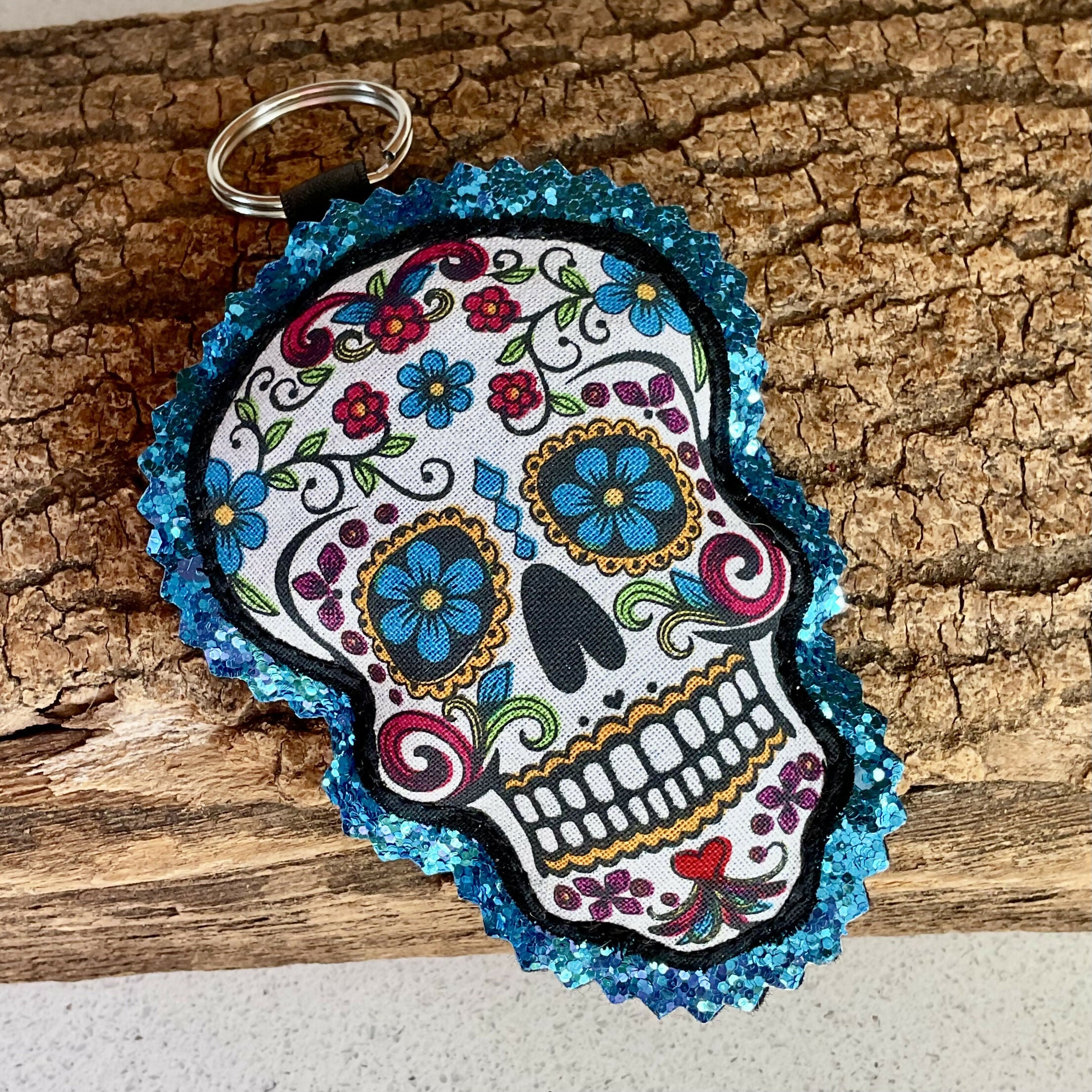 Bright Sugar Skull Keyring, Fabric Sugar Skull Key Ring With Glitter Background, Sparkly Bag Charm, Halloween Gift